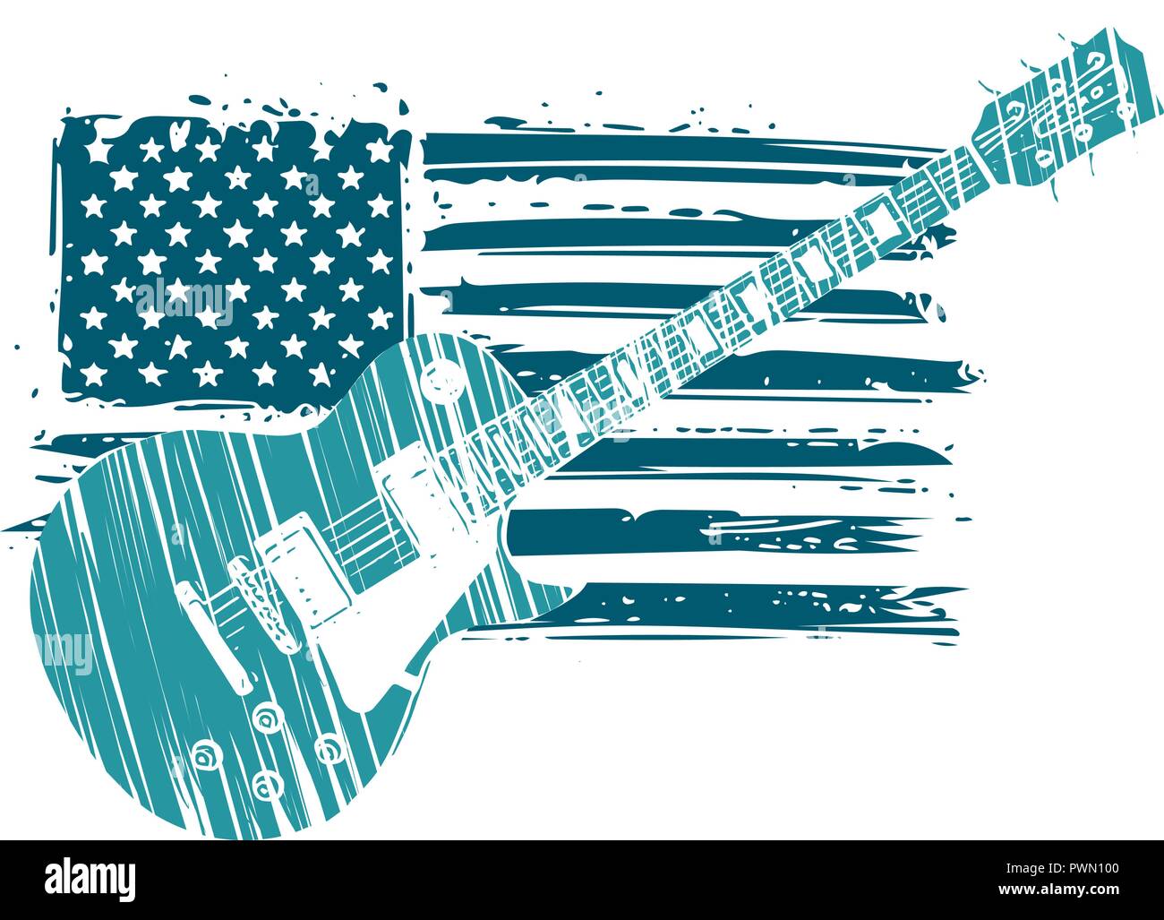 Eine E-Gitarre mit amerikanischer Flagge isoliert auf weißem Hintergrund Stock Vektor
