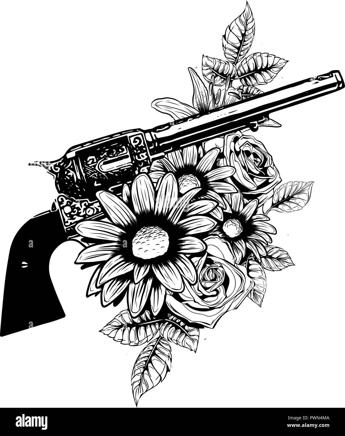 Vector Illustration von Gewehren auf der mit Blumen und Ornamente floralen mit tattoo Zeichnung Stil Stock Vektor
