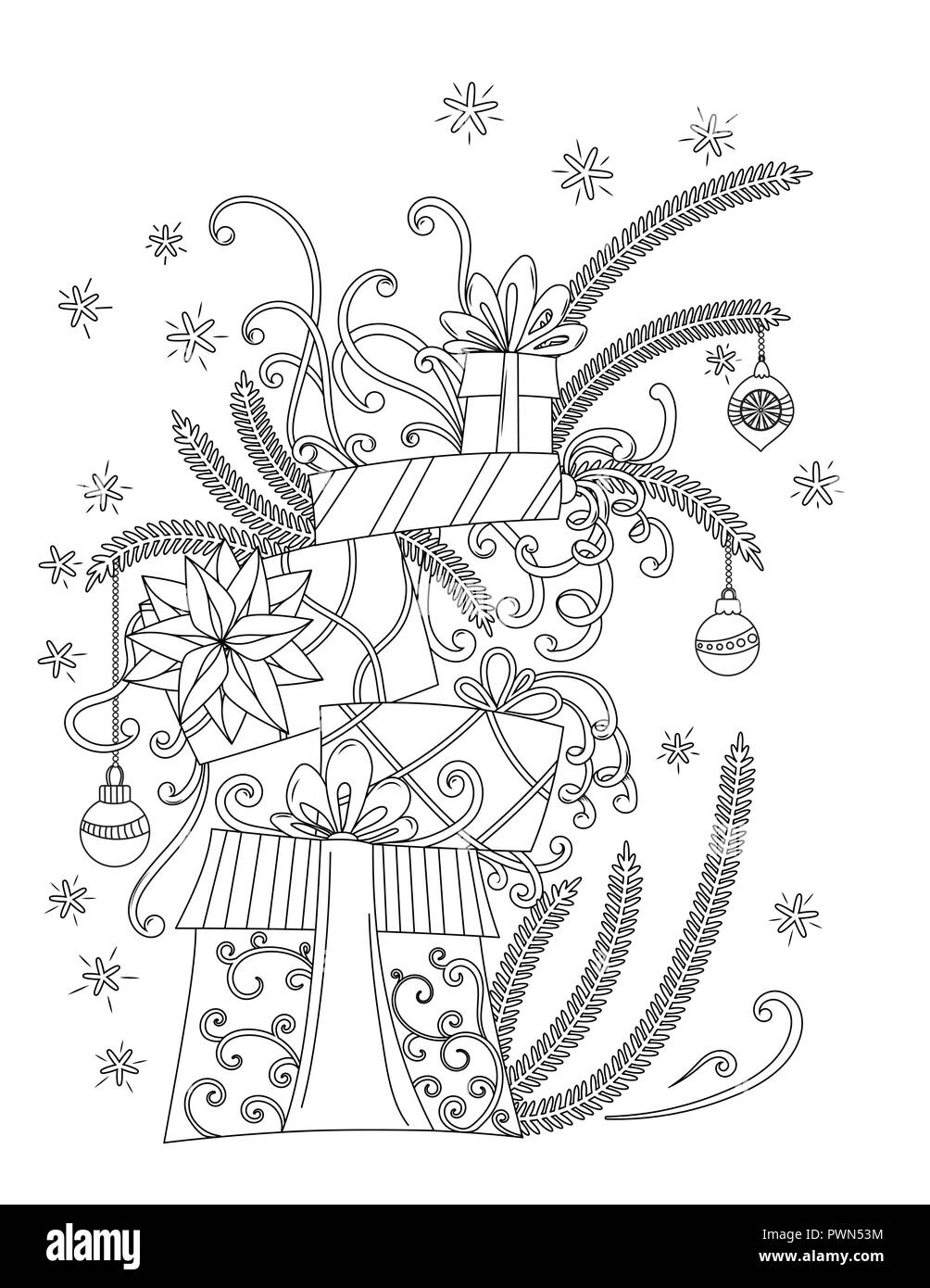 Weihnachten Malvorlagen. Malbuch für Erwachsene. Stapel von Urlaub präsentiert. Weihnachtsdekoration, cartoon Geschenkboxen, Bändern, Kugeln, Sternen und Schneeflocken. Hand Überblick Vector Illustration gezeichnet. Stock Vektor