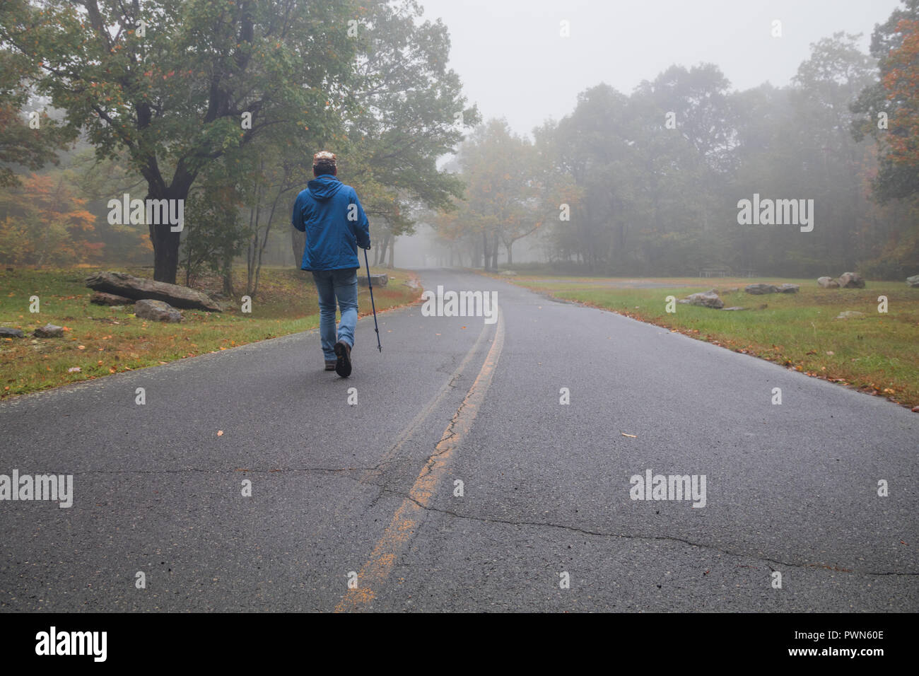 Einsamer Mann in der blauen Jacke und Pole allein auf der Straße an einem nebligen Morgen im Herbst Stockfoto