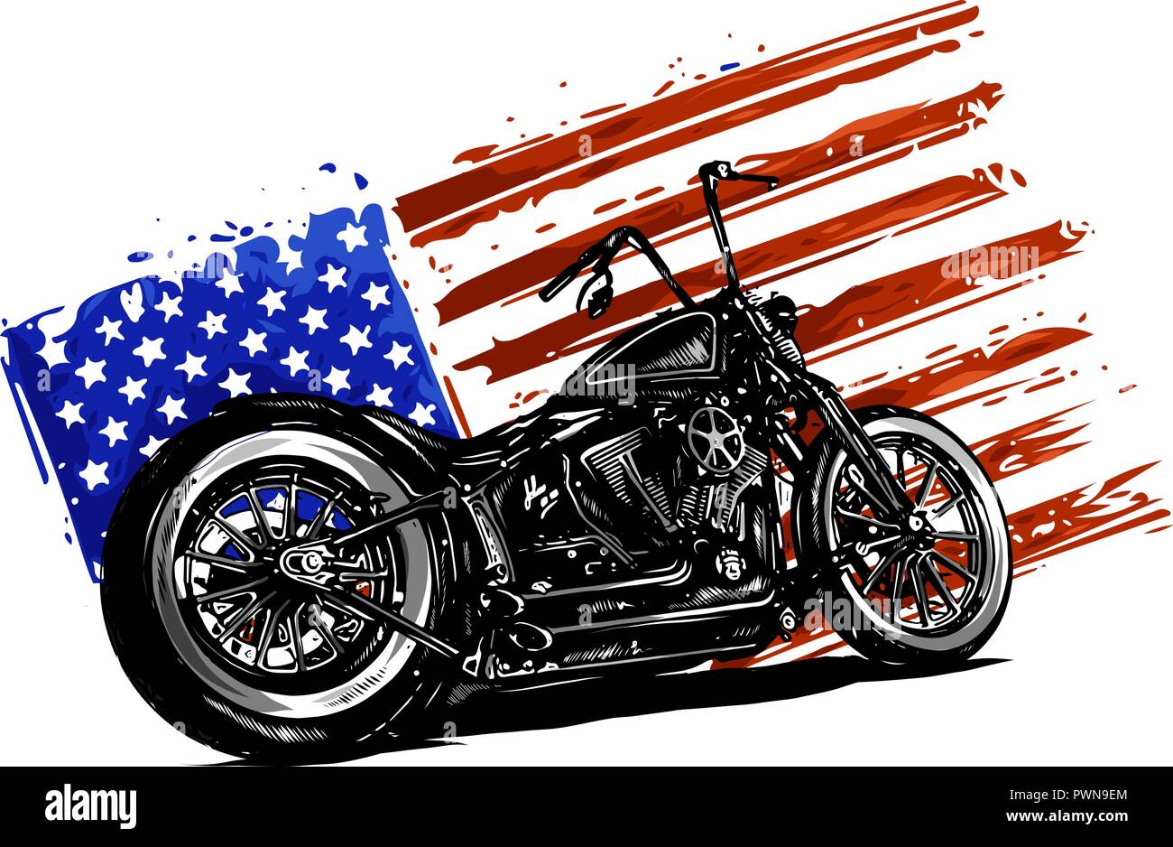 Hand gezeichnet und eingefärbte vintage American Chopper Motorrad mit amerikanischer Flagge Stock Vektor