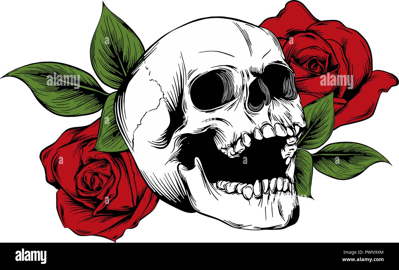 Totenkopf Mit Blumen Mit Rosen Zeichnung Von Hand Vektor Abbildung Stock Vektorgrafik Alamy