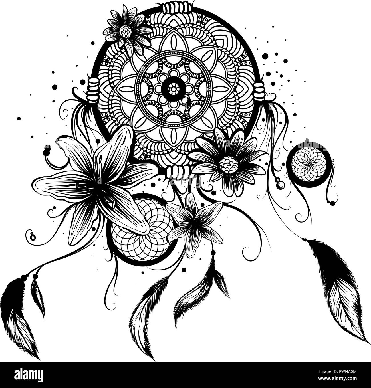 Modeillustration mit Dream Catcher und Blumen. Hand Design gezeichnet Stock Vektor