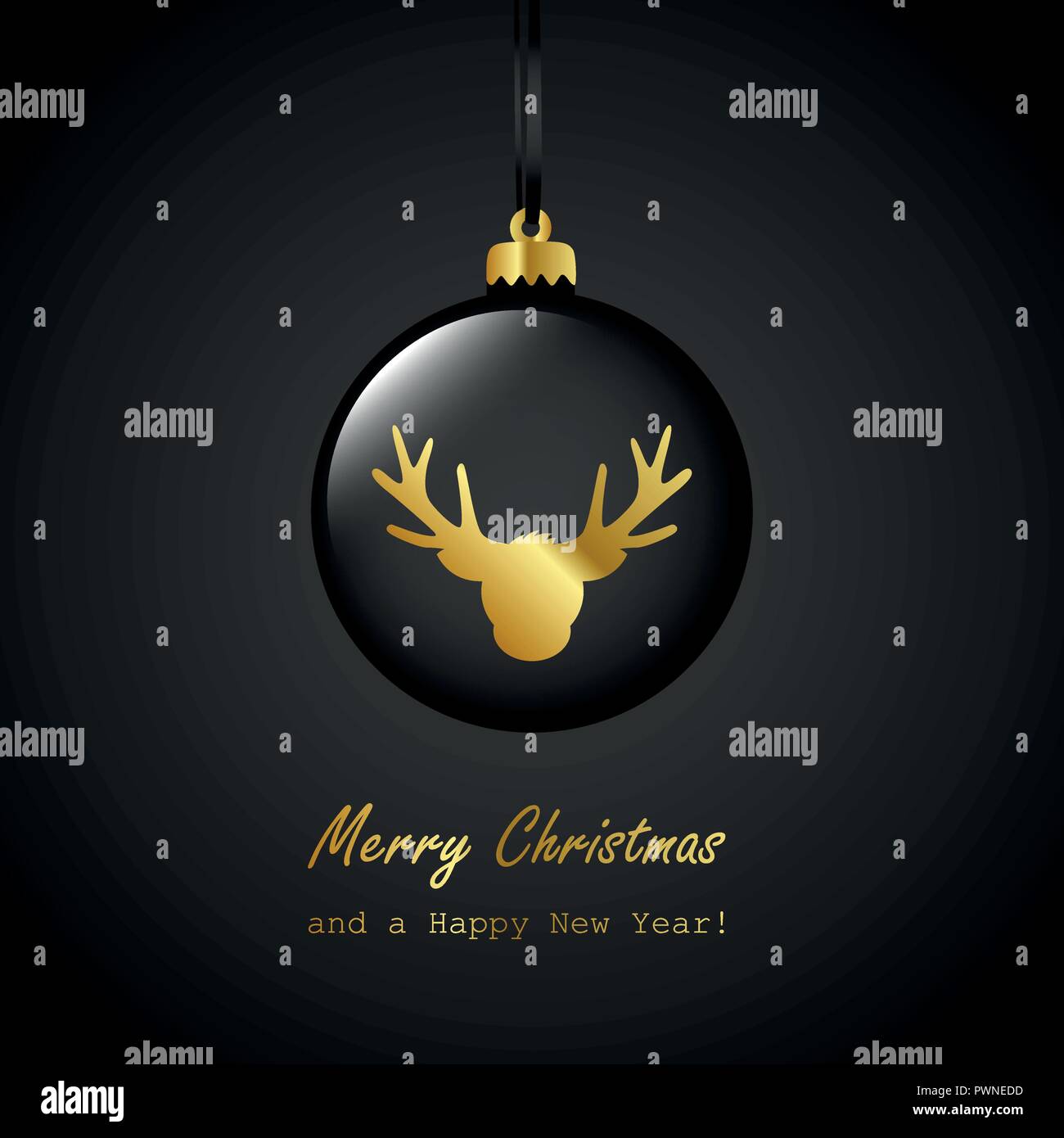 Schwarz Weihnachtskugel mit goldenen Rentier frohe Weihnachten Grußkarte Vektor-illustration EPS 10. Stock Vektor