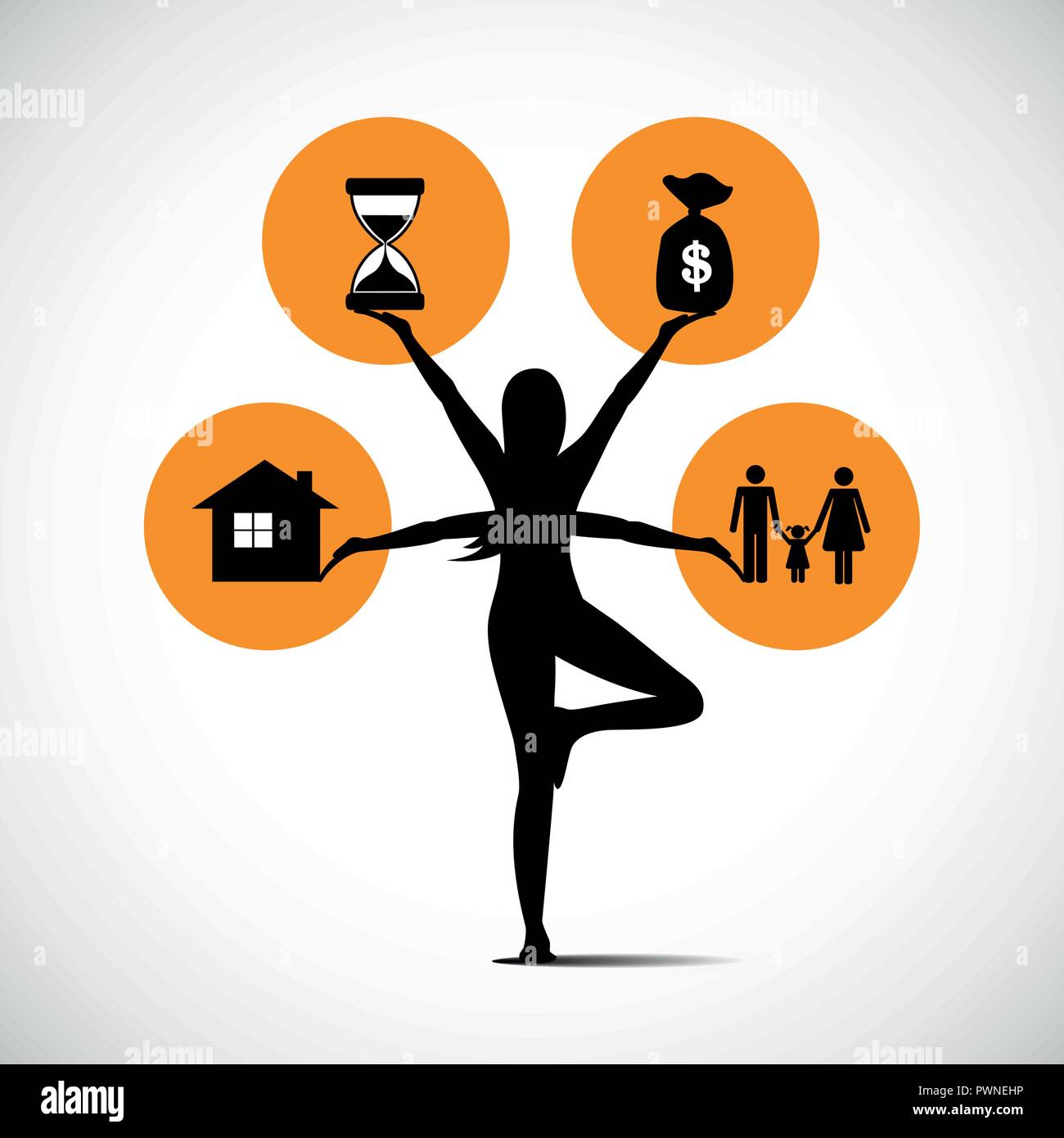 Frau, die in Yoga Pose und Lastausgleich zwischen Familie Zeit, Geld und Job Vektor-illustration EPS 10. Stock Vektor