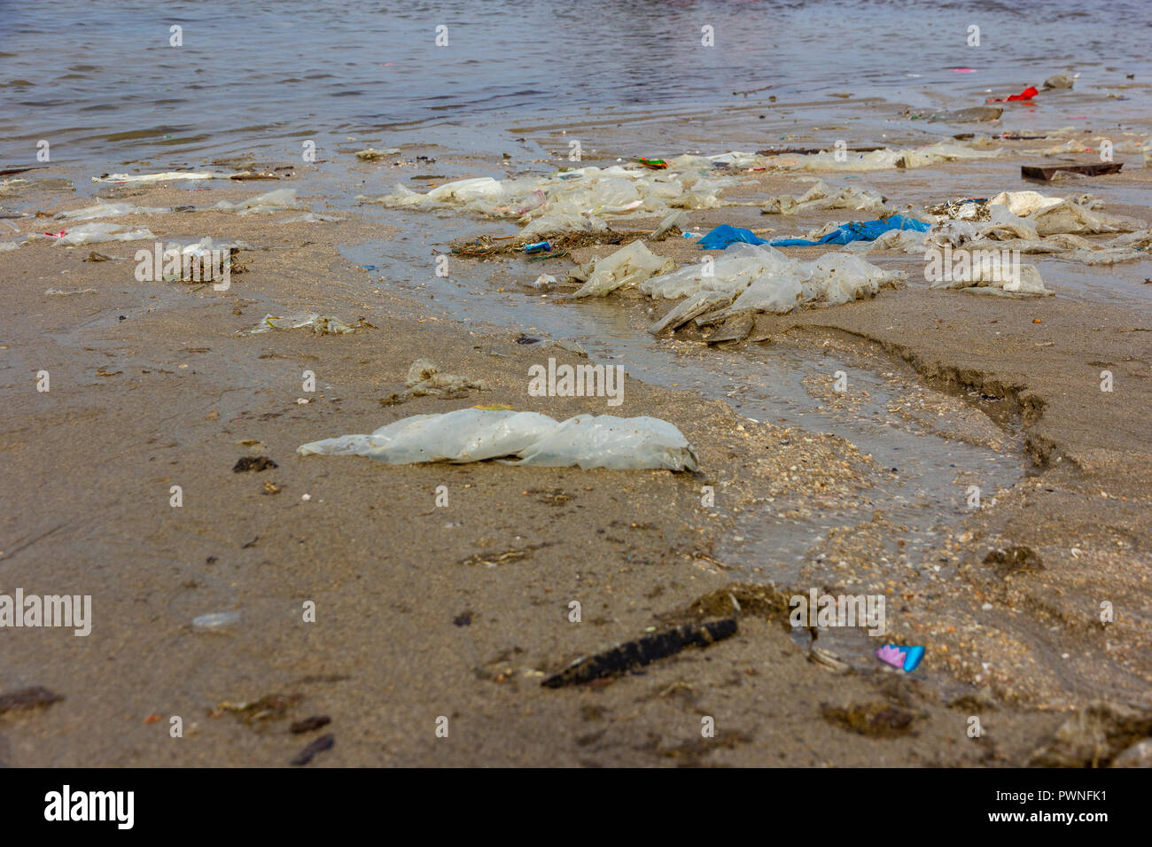Kunststoff Verschmutzung der Umwelt in Ozean, Umwelt Verschmutzung in den Strand, Plastikflaschen und anderen Müll spült am Strand Stockfoto