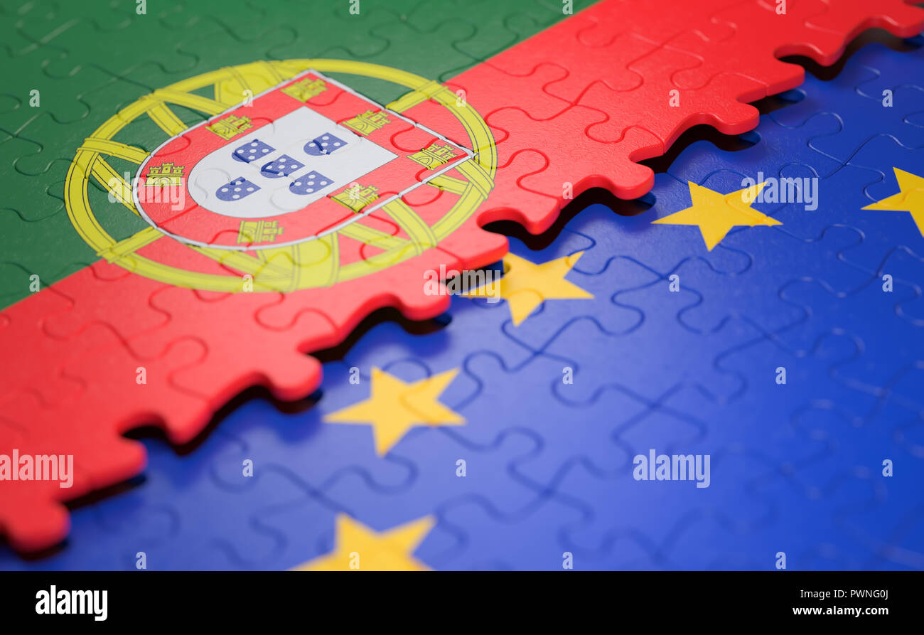 Flagge Portugal und die Europäische Union in Form der Puzzleteile im Konzept von Politik und wirtschaftlichen Union. Stockfoto