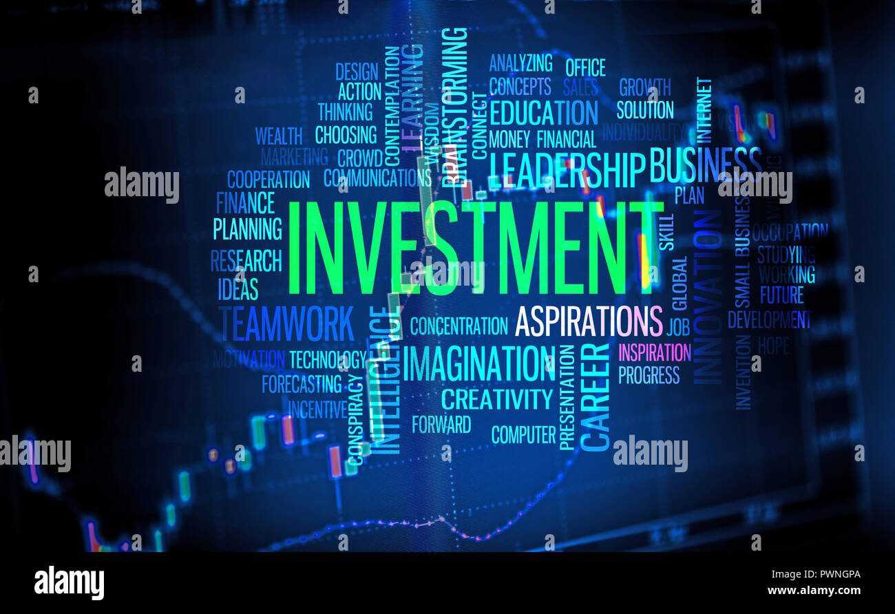 Finanzen und Investitionen Hintergrund, business Wort Wolke über den Handel chart Bildschirm Stockfoto