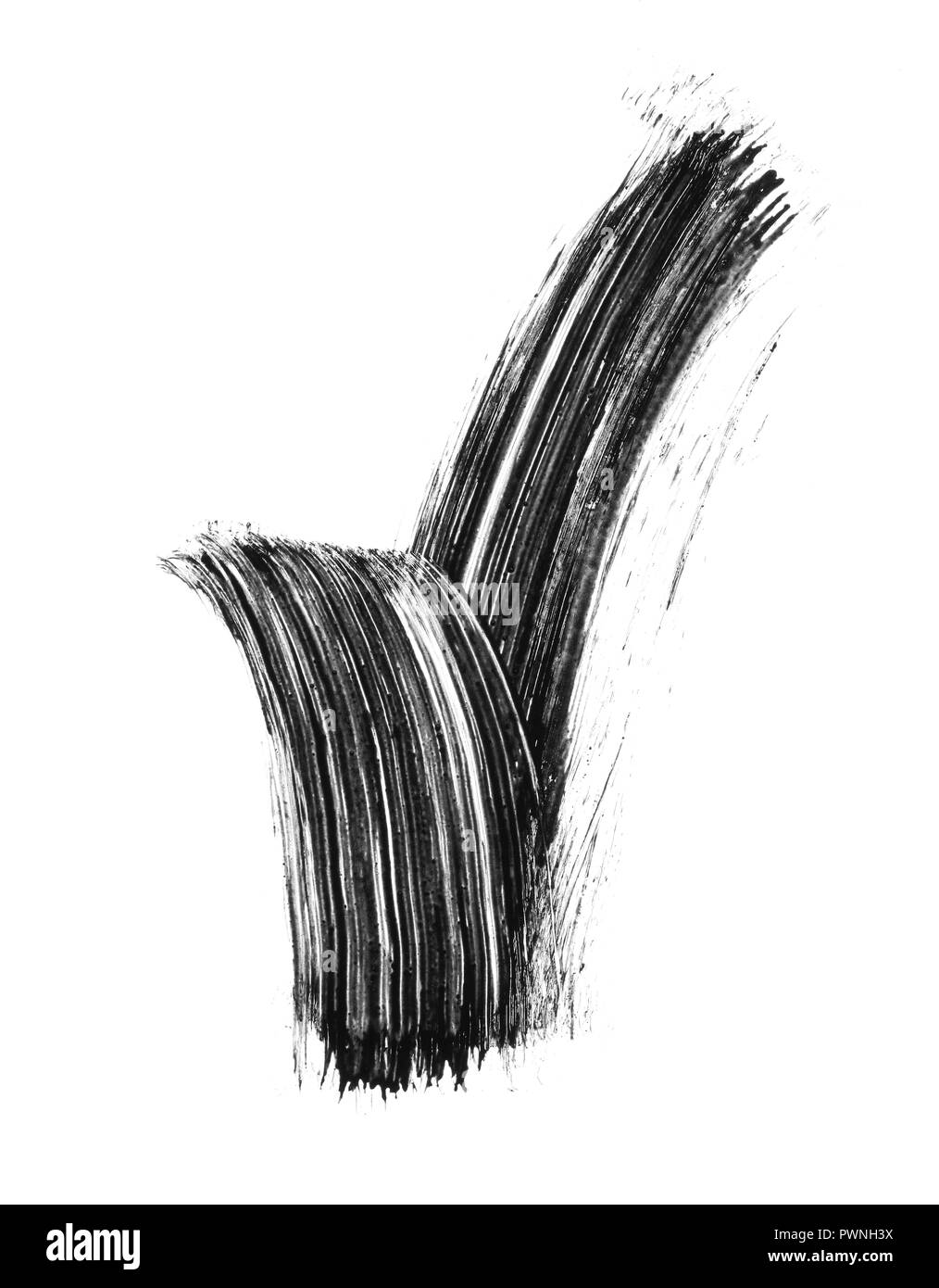 Textur der schwarze Wimperntusche für Wimpern auf weißem Hintergrund. Abstrich der schwarze Wimperntusche für Wimpern auf weißem Hintergrund. Stockfoto