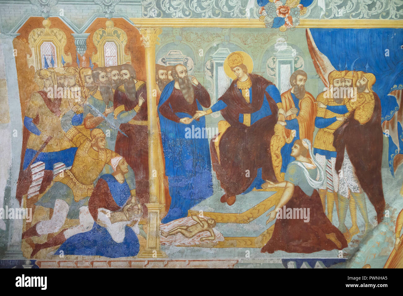 Urteil des Salomo im Fresko von russischen Maler Dmitri Plechanows und Fjodor ignatjew von 1700 in der südlichen Galerie in der Kirche des Heiligen Johannes des Täufers an Tolchkovo in Jaroslawl, Russland datiert (papert) abgebildet. Stockfoto