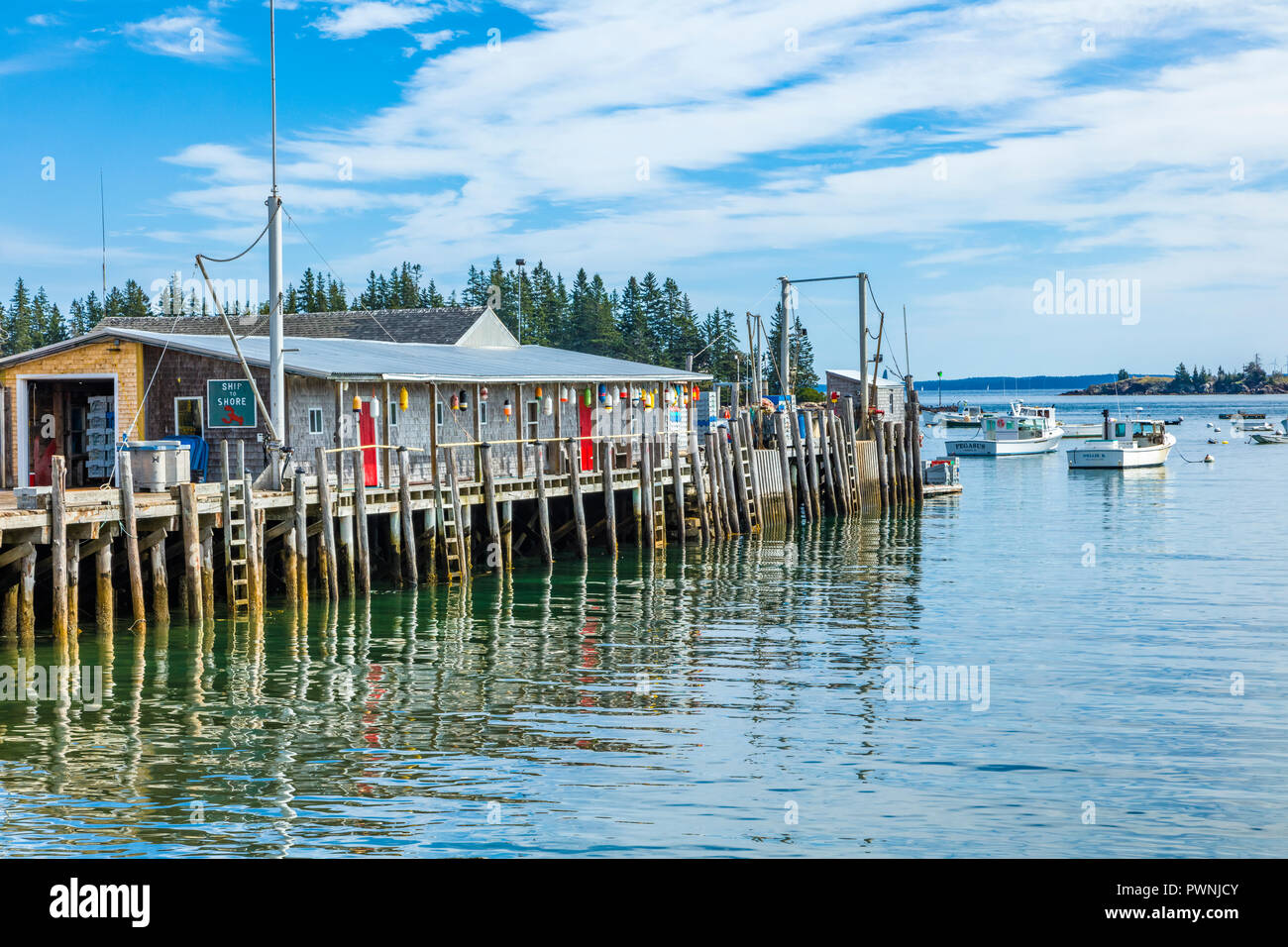 Boote und Pier in Eulen Kopf Hafen an der Atlantik Küste von Maine Stockfoto