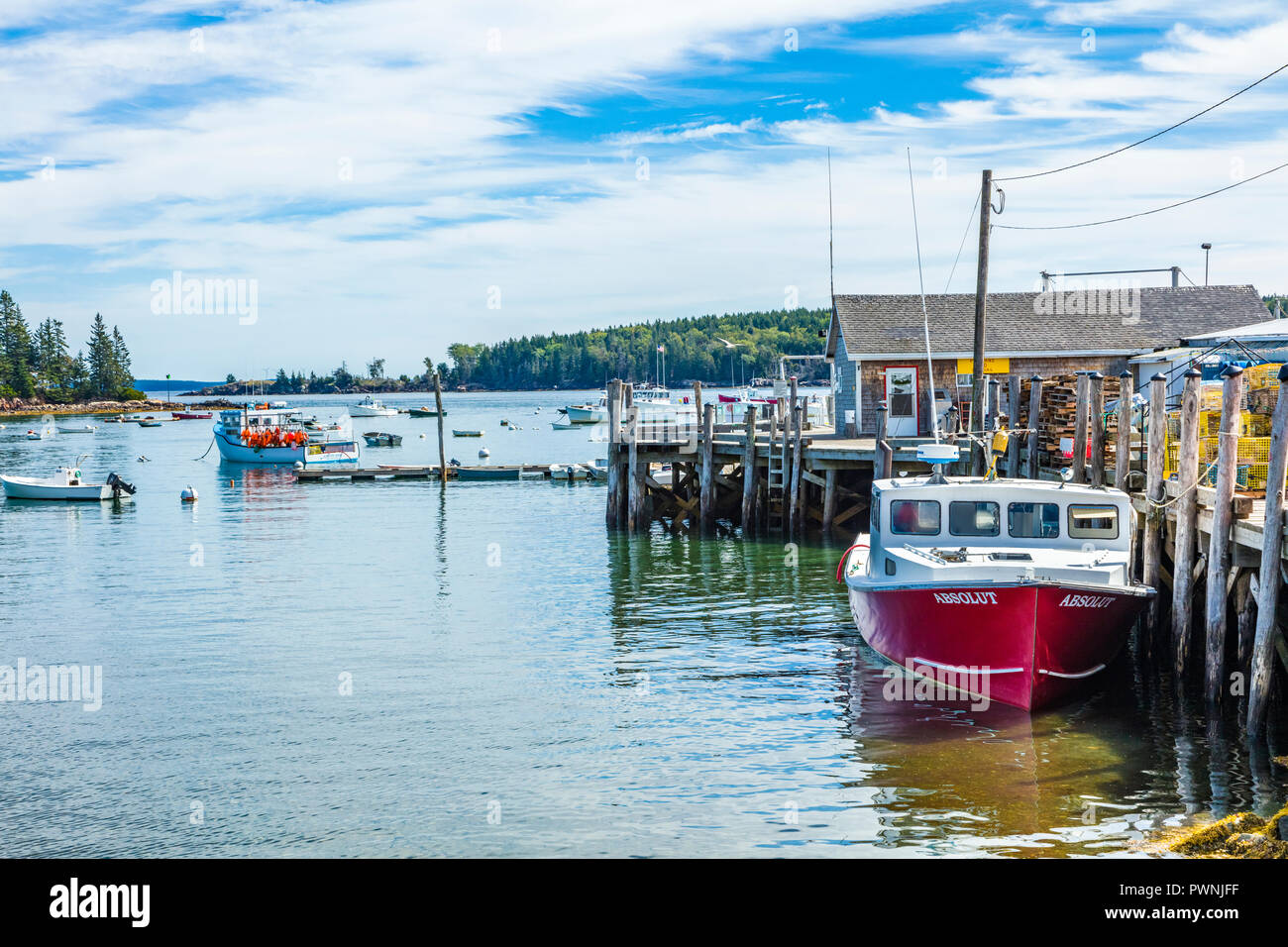Boote und Pier in Eulen Kopf Hafen an der Atlantik Küste von Maine Stockfoto