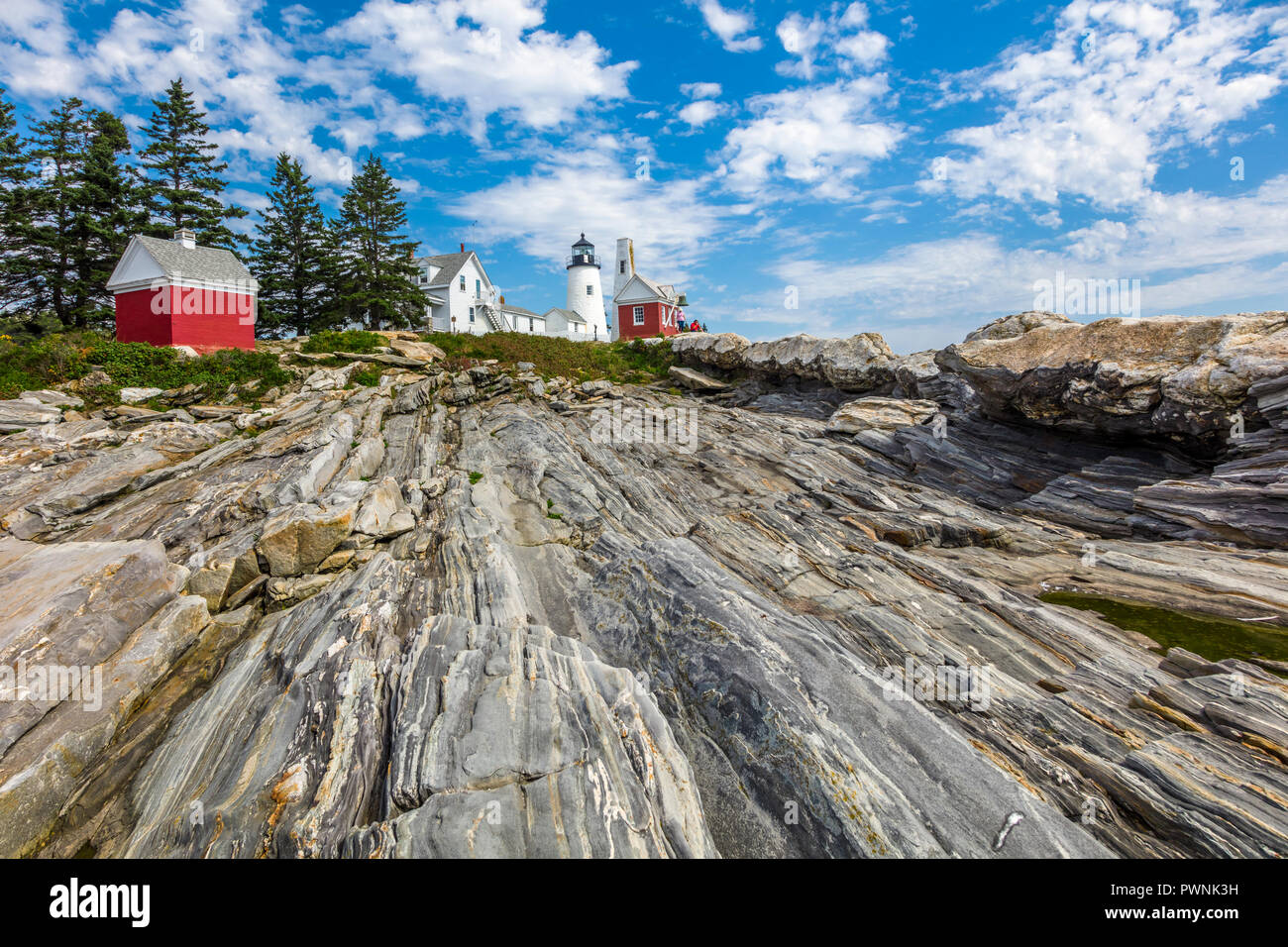 Pemaquid Point Light ist ein historischen US-Leuchtturm in Bristol, Lincoln County, Maine in Pemaquid Point Light Park und beinhaltet die Fischer Stockfoto