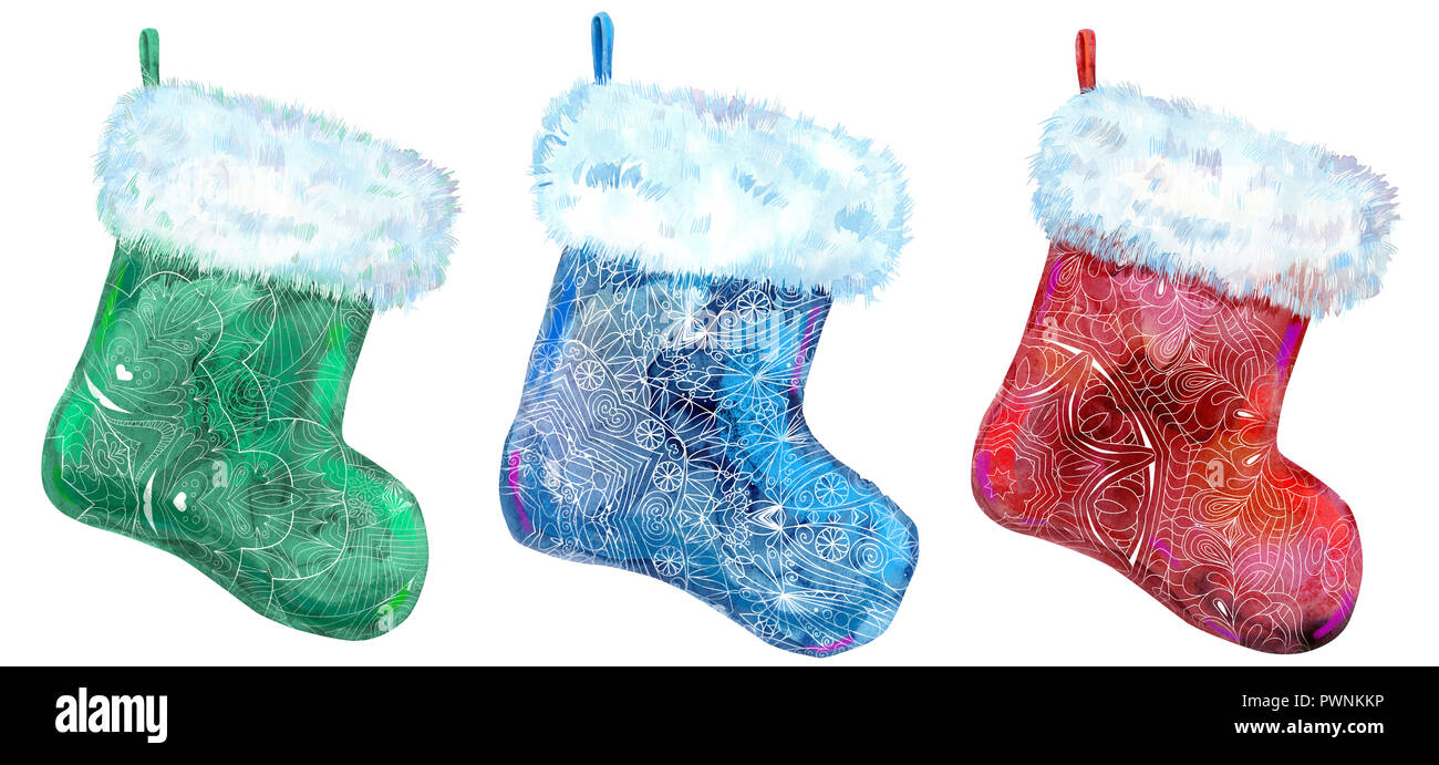Weihnachten bunt gemusterte Socken für Geschenke auf weißem Hintergrund. Aquarell handgezeichnete Abbildung Stockfoto