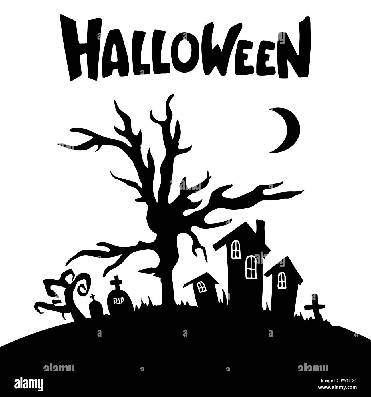 Häuser, Bäume, Gräber, Kreuze, Mond Silhouetten. Schwarze und weiße cartoon Formen auf Halloween. Auf weissem Hintergrund. Vector Illustration. Stock Vektor