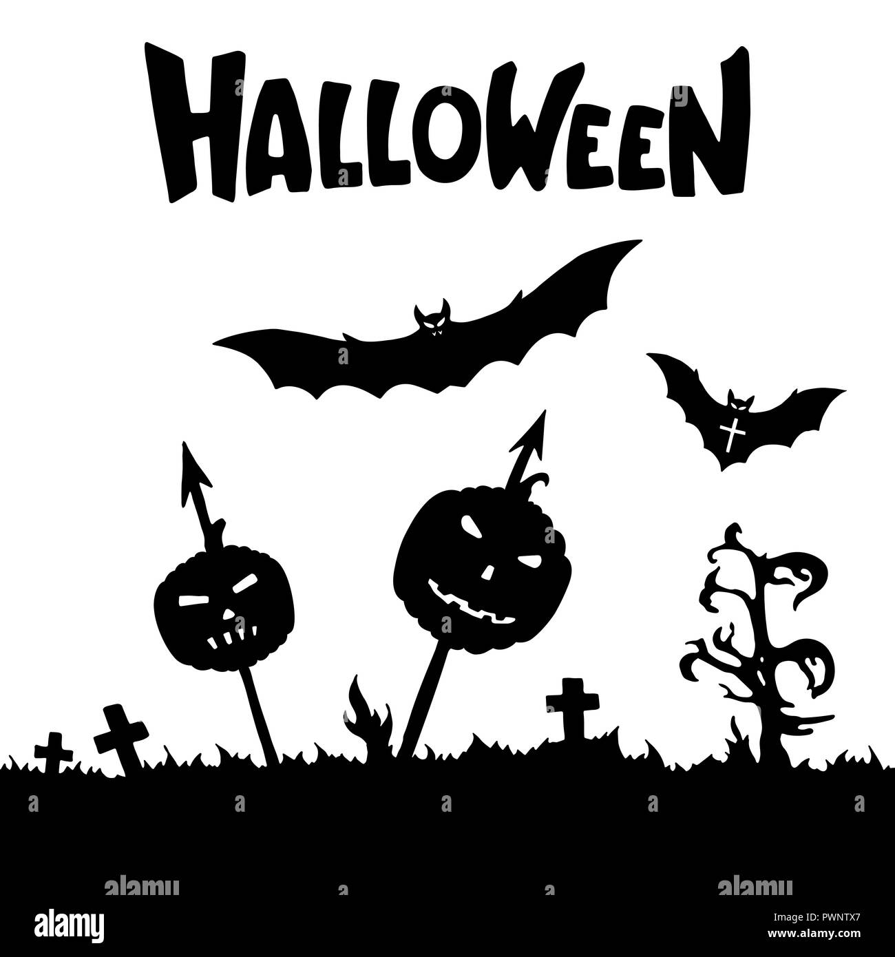 Kürbisse aufgespiesst auf Spieße, Fledermäuse, Baum, Gräber, Kreuze Silhouetten. Schwarze und weiße cartoon Formen auf Halloween. Auf weissem Hintergrund. Ve Stock Vektor