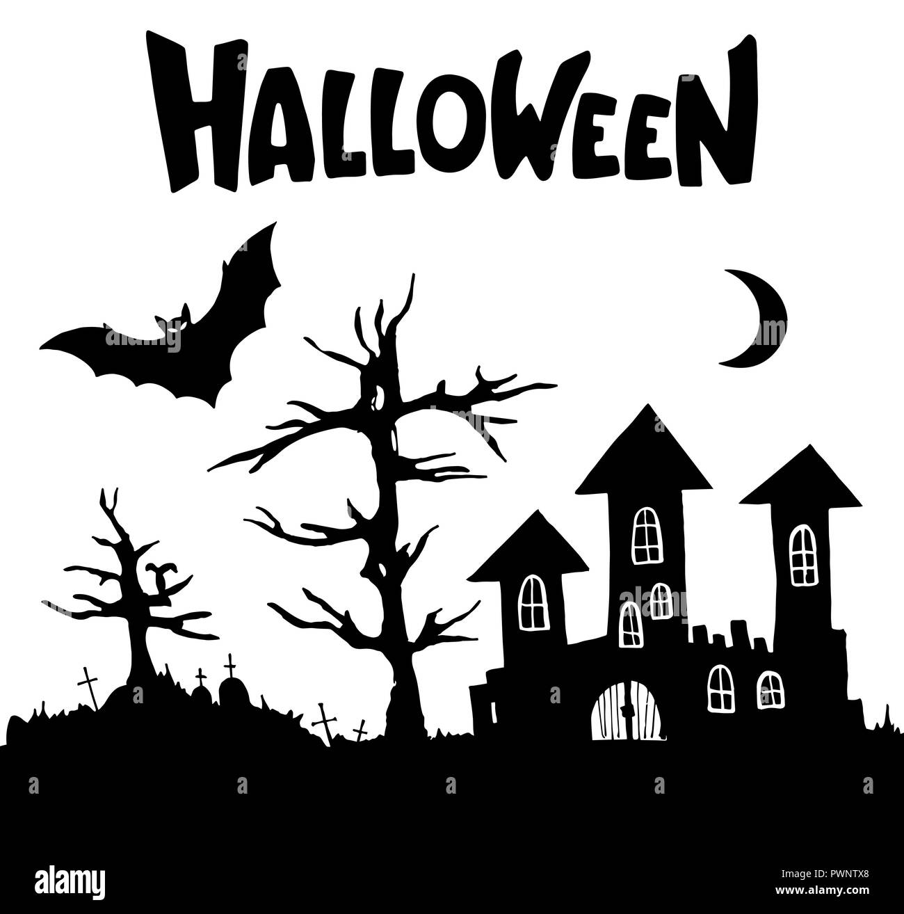 Schloss, Bäume, Gräber, Kreuze, Mond, bat Silhouetten. Schwarze und weiße cartoon Formen auf Halloween. Auf weissem Hintergrund. Vektor illustra Stock Vektor
