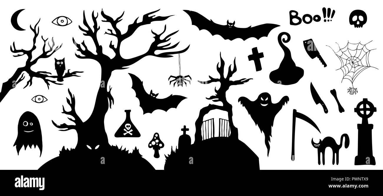 Satz von Silhouette horror Bilder von Halloween. Schwarze und weiße cartoon Formen auf Halloween. Auf weissem Hintergrund. Sammlung von Design Stock Vektor