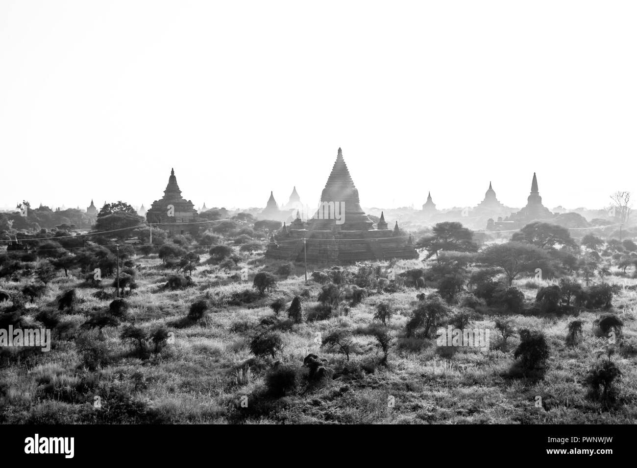 Landschaft von Bagan und Tempeln, Stupas, Myanmar Stockfoto