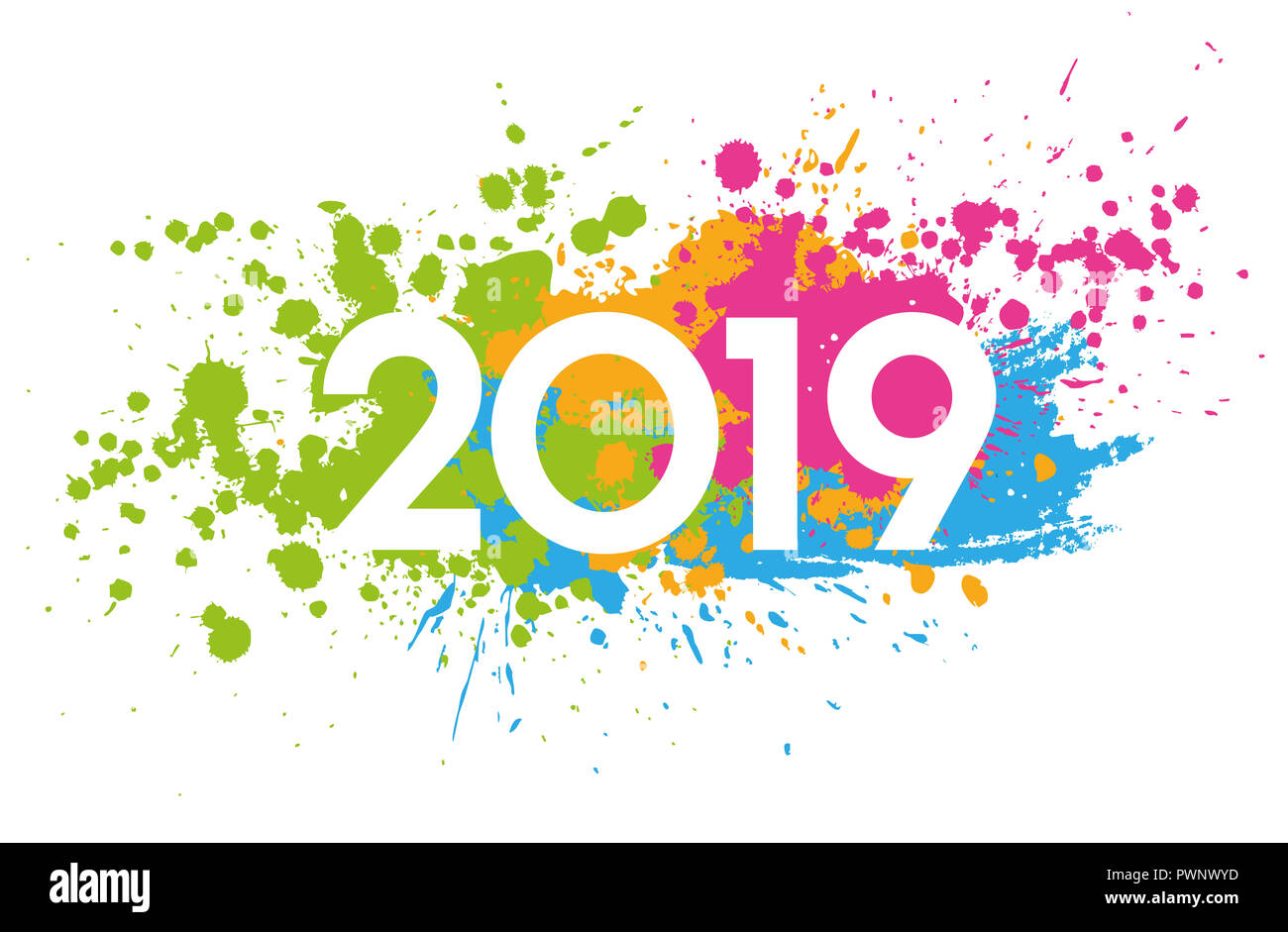 Neues Jahr 2019 Datum mit bunten Flecken bemalt Stockfoto