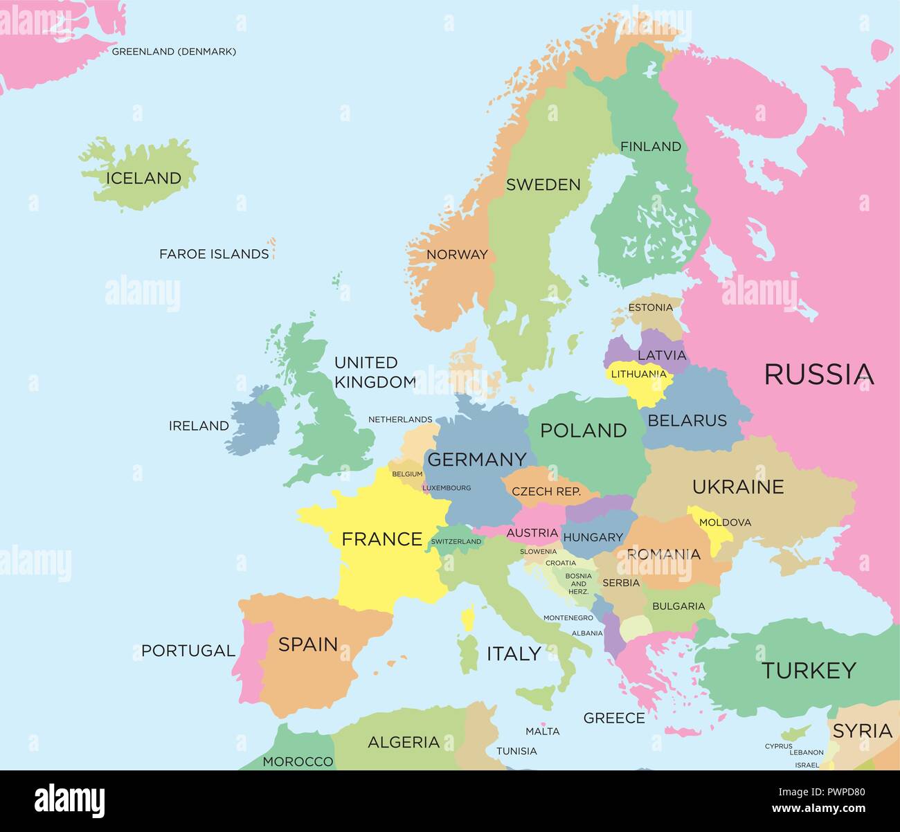 Farbige Politische Europa Karte detaillierte Vector Illustration Stock Vektor