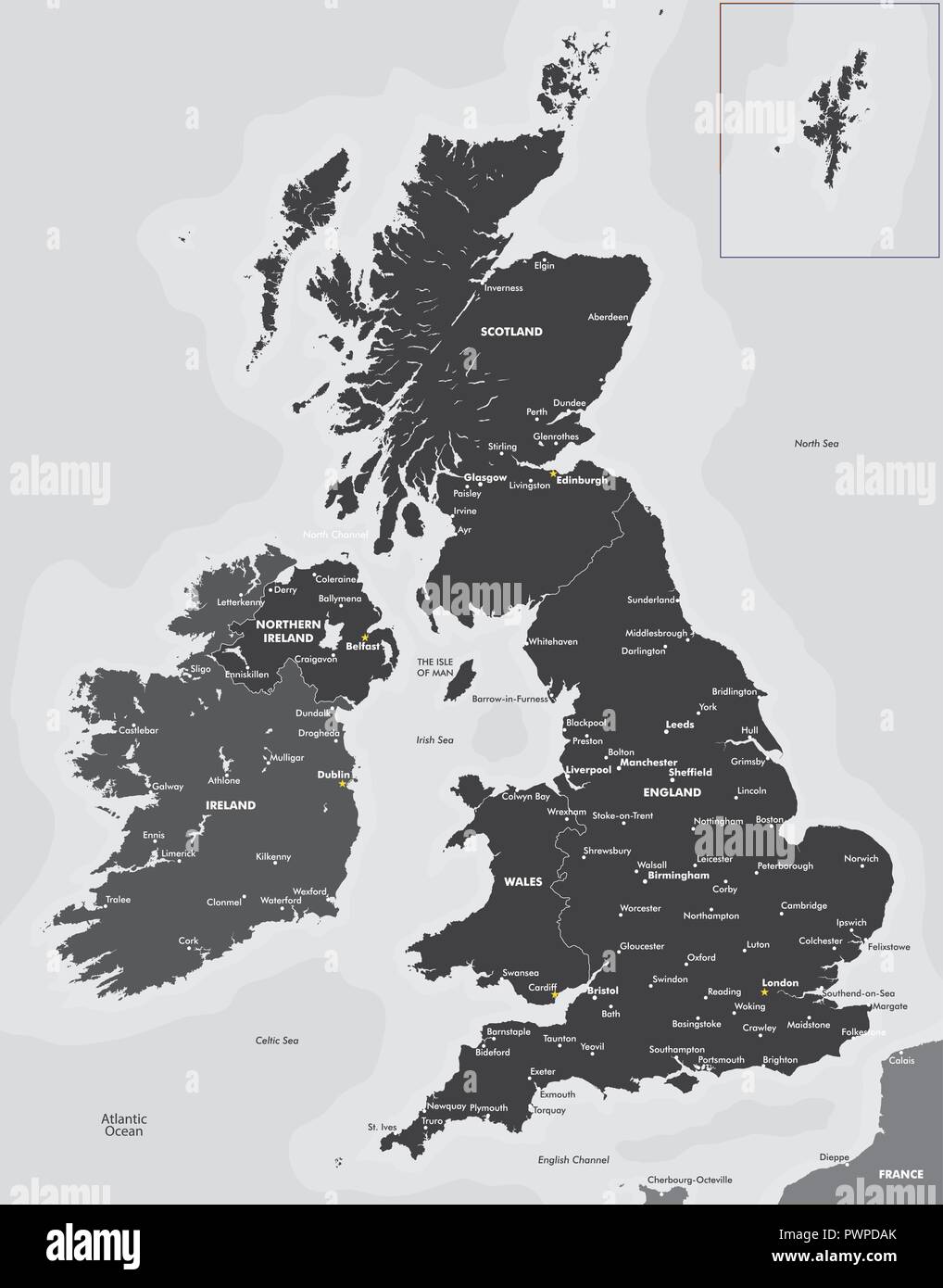 Schwarze und weiße Karte von Großbritannien und Irland Vector Illustration für Ihr Design Stock Vektor