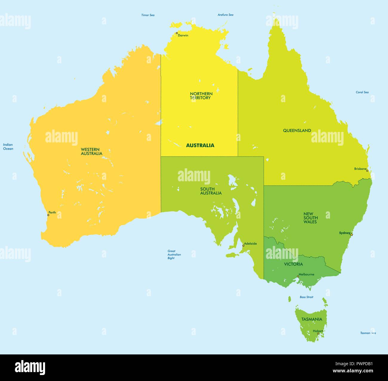 Farbe Karte von Australien detaillierte Vector Illustration Stock Vektor
