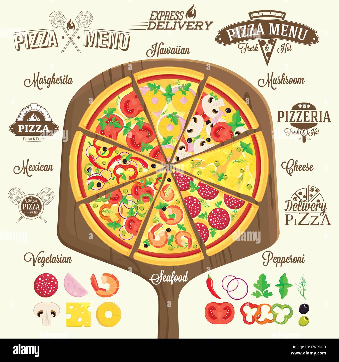 Pizza menu, Etiketten und gestalterische Elemente für Ihr Logo Design Template Stock Vektor
