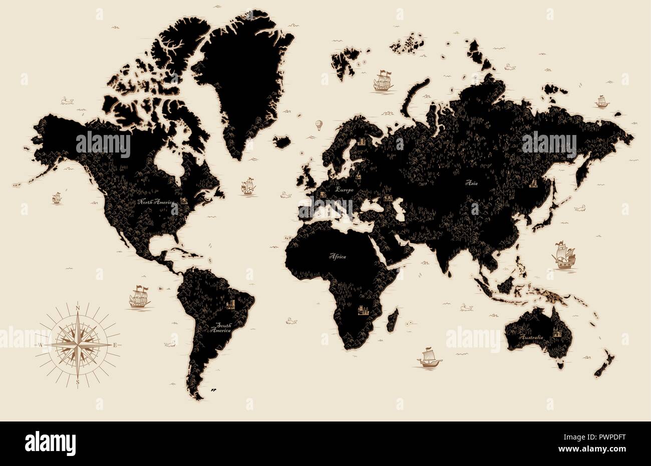 Dekorative alte Karte der Welt detaillierte Vector Illustration Stock Vektor