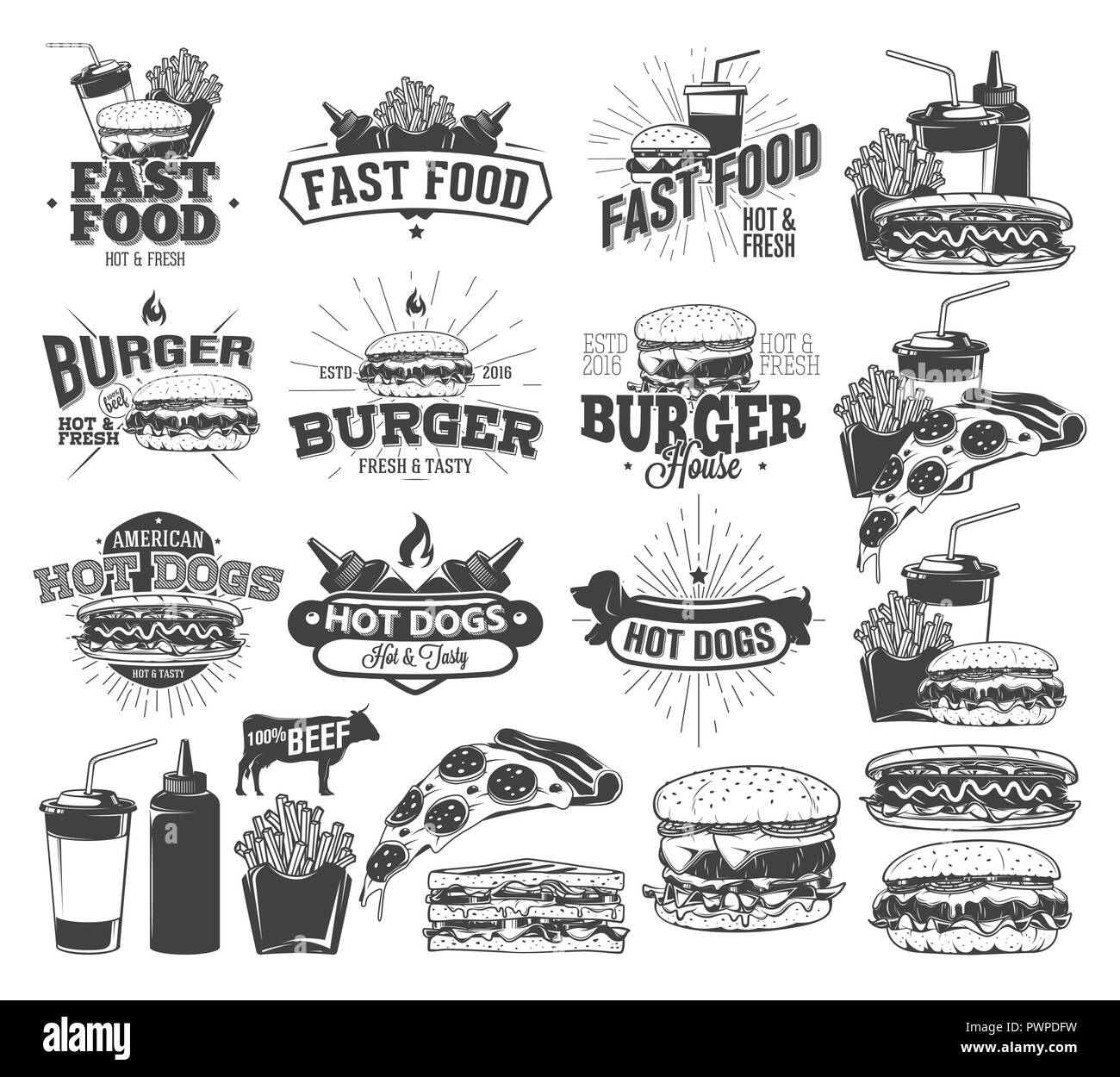 Fast Food Labels, Logos und Design Elemente Vorlage für Ihr Logo Design Stock Vektor