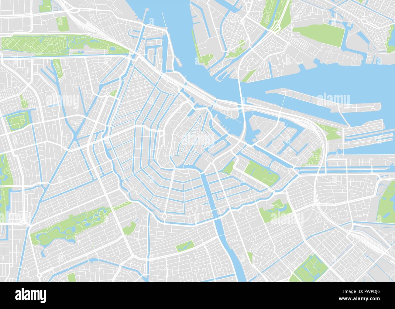Amsterdam farbige Vektorkarte detaillierten Plan der Stadt, Flüsse und Straßen Stock Vektor