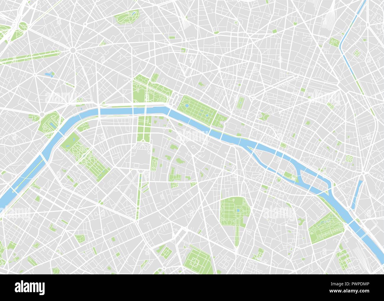 Paris farbige Vektorkarte detaillierten Plan der Stadt, Flüsse und Straßen Stock Vektor