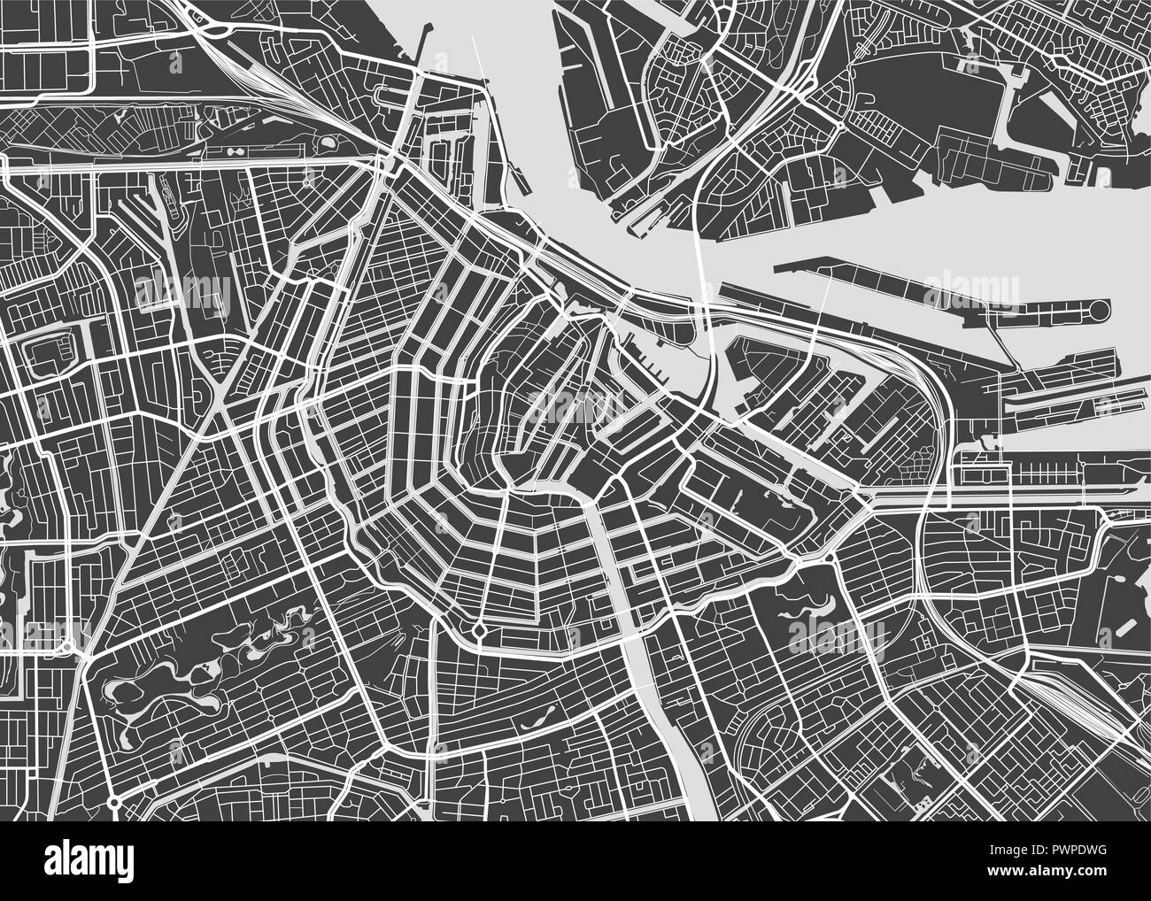 Vektor detaillierte Karte Amsterdam detaillierten Plan der Stadt, Flüsse und Straßen Stock Vektor