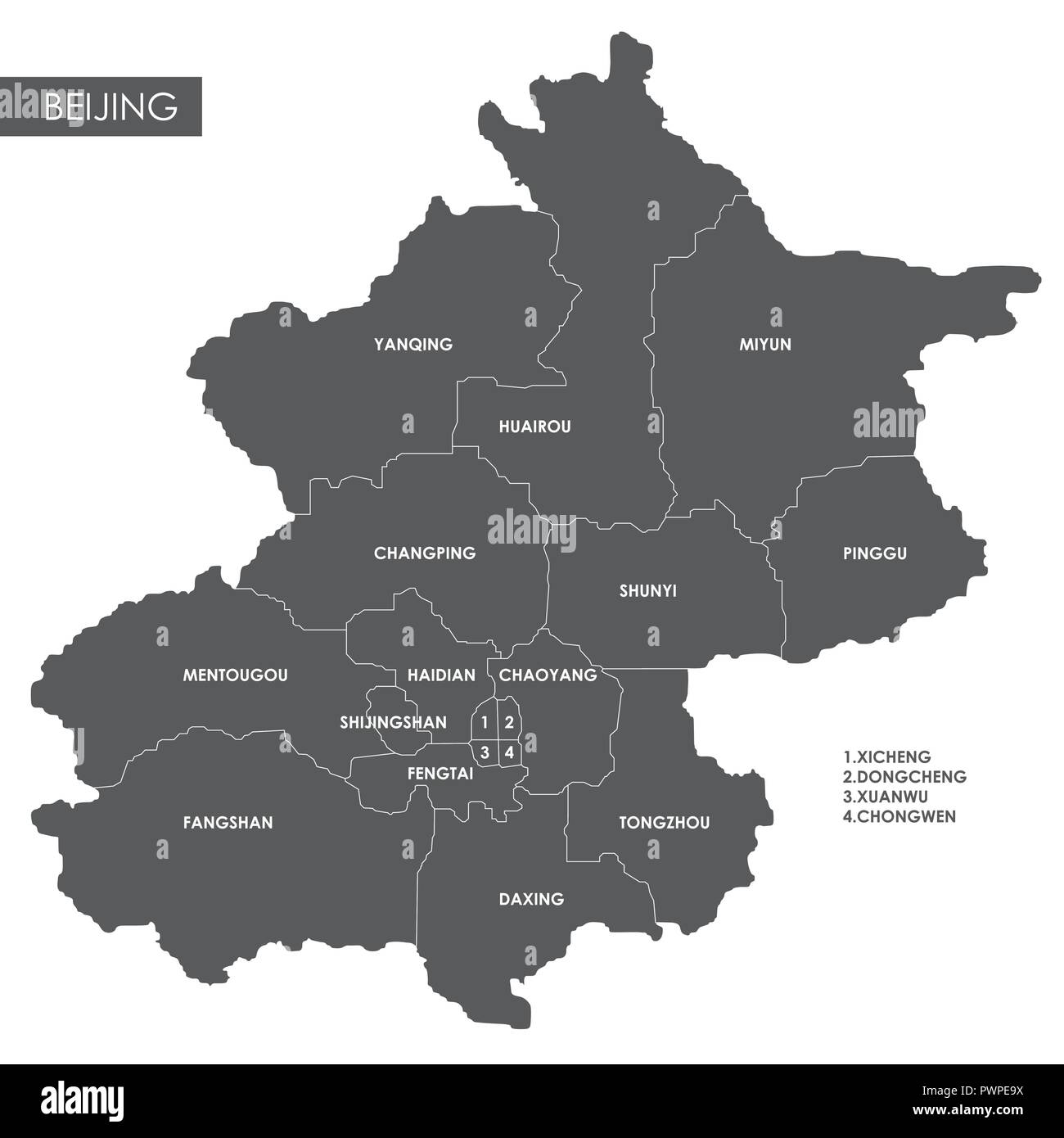 Vektorkarte Peking Bezirk detaillierten Plan der Stadt, Stadtteile und Nachbarschaften Stock Vektor