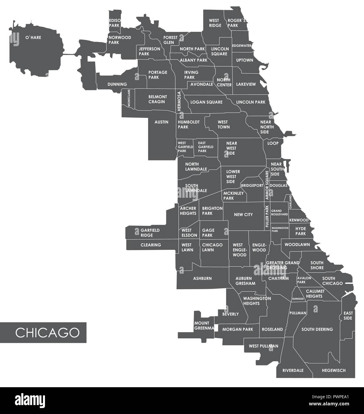 Vektorkarte Chicago Bezirk detaillierten Plan der Stadt, Stadtteile und Nachbarschaften Stock Vektor
