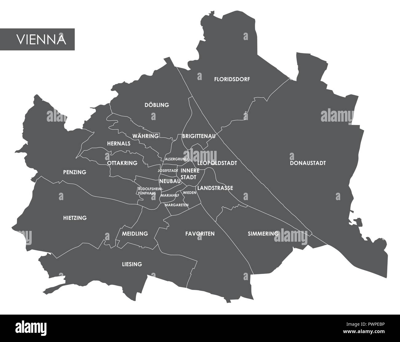Vektorkarte Wiener Bezirk detaillierten Plan der Stadt, Stadtteile und Nachbarschaften Stock Vektor