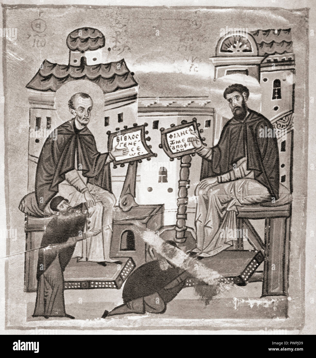 Gregor von Nyssa, aka Gregor Nyssen, rechts, C. 335-C. 395. 4. Jahrhundert Bischof von Nyssa. Nach einem 11. Jahrhundert MS. Stockfoto