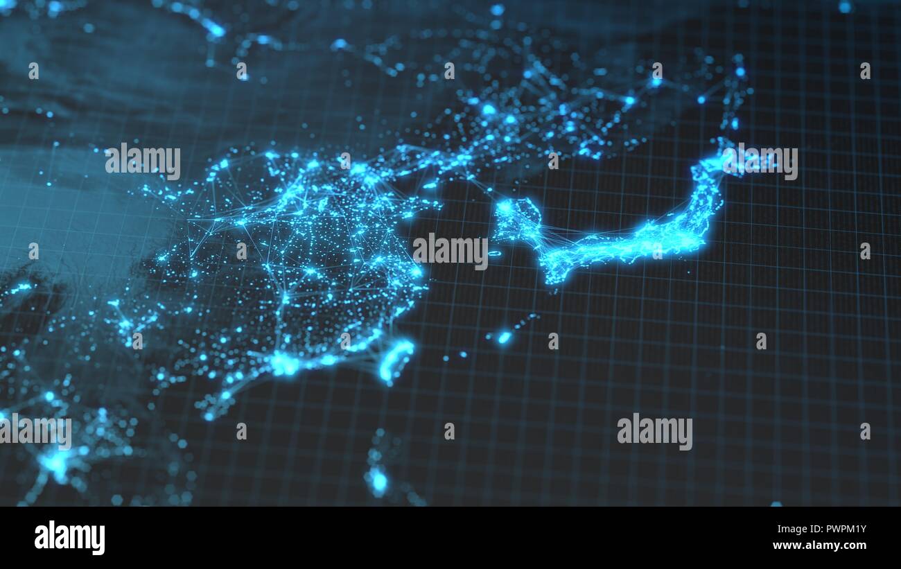 Leuchtende Stadt und menschlichen Bevölkerungsdichte Gebieten mit lineare Verbindungen zwischen ihnen. Blick auf Asien. 3D-Darstellung Stockfoto