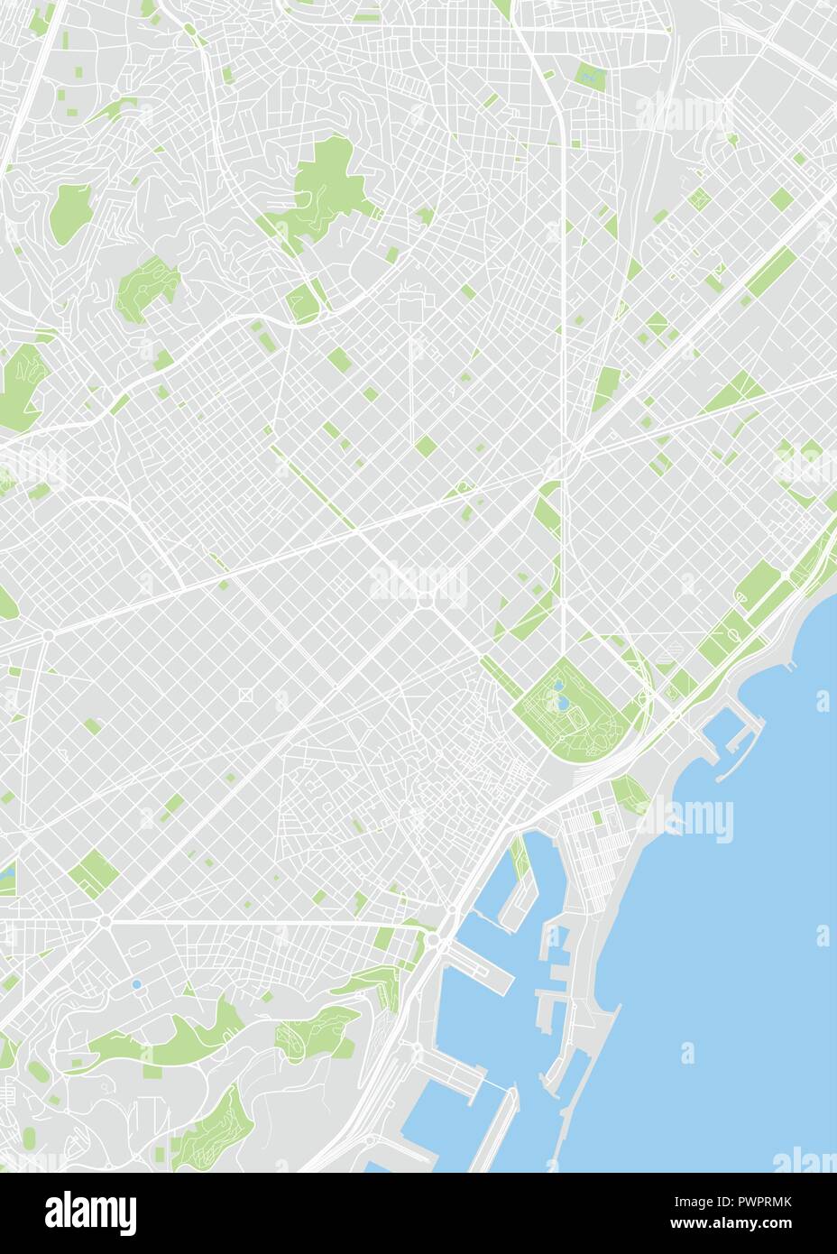 Barcelona farbige Vektorkarte detaillierten Plan der Stadt, Flüsse und Straßen Stock Vektor
