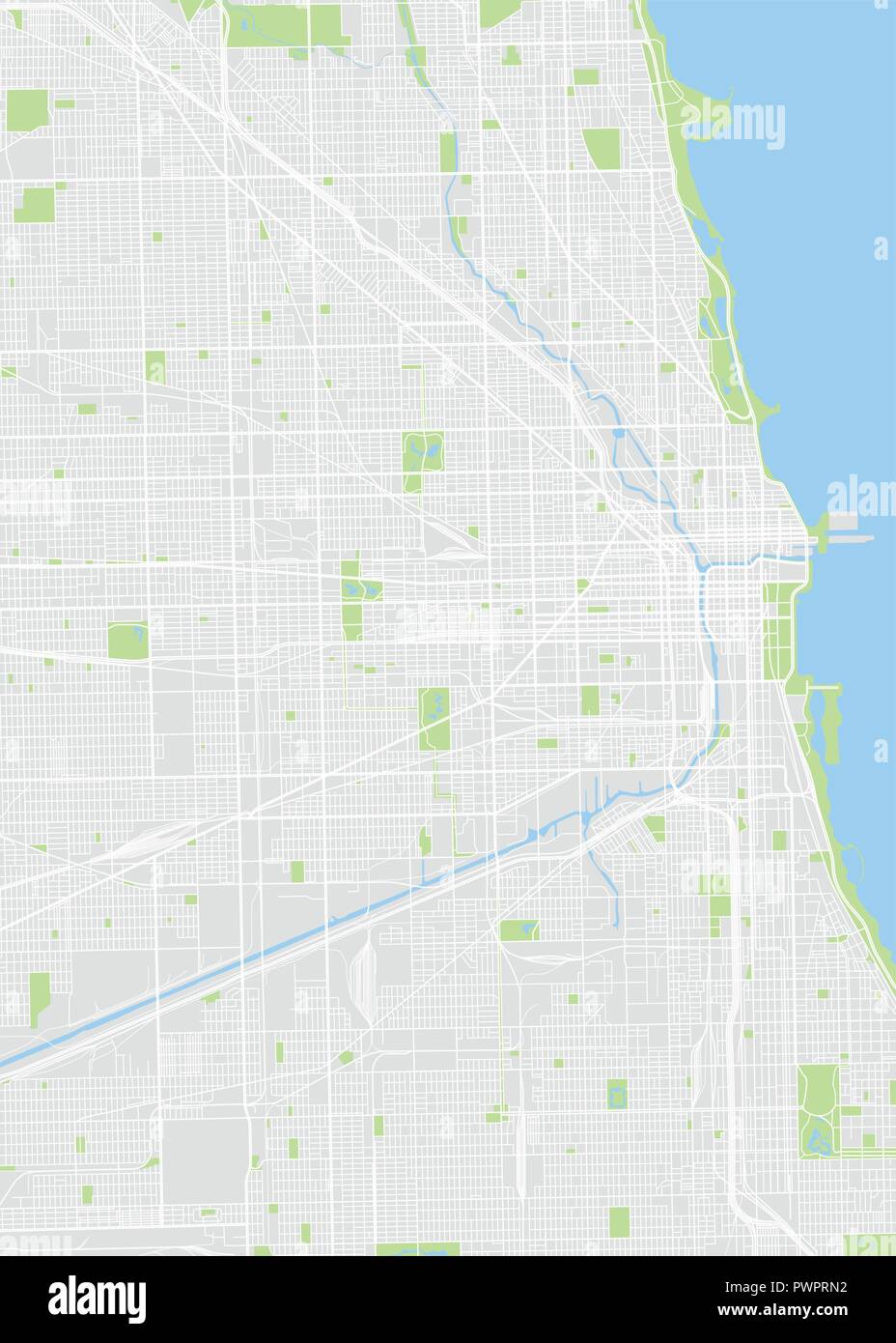 Chicago farbige Vektorkarte detaillierten Plan der Stadt, Flüsse und Straßen Stock Vektor