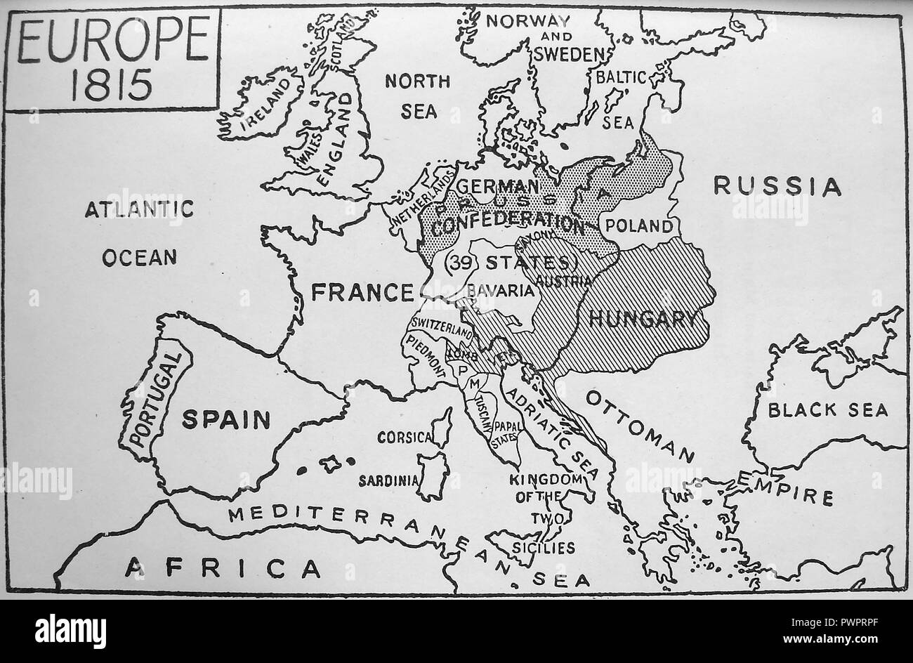 Eine frühe gedruckte Karte von Europa im Jahr 1815 Stockfoto