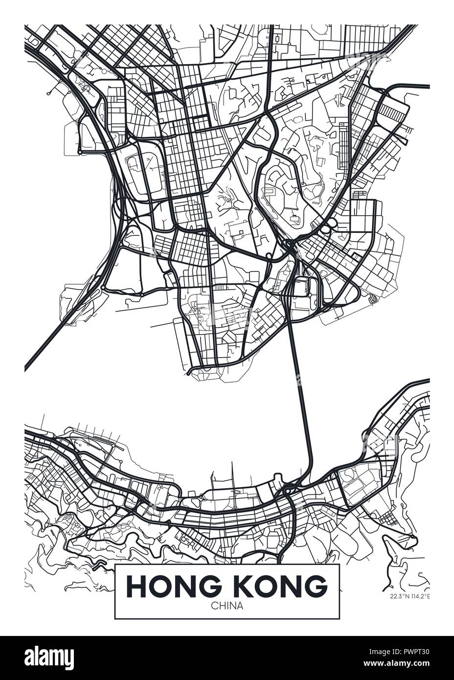 Vektor poster Karte Stadt Hong Kong detaillierten Plan der Stadt, Flüsse und Straßen Stock Vektor