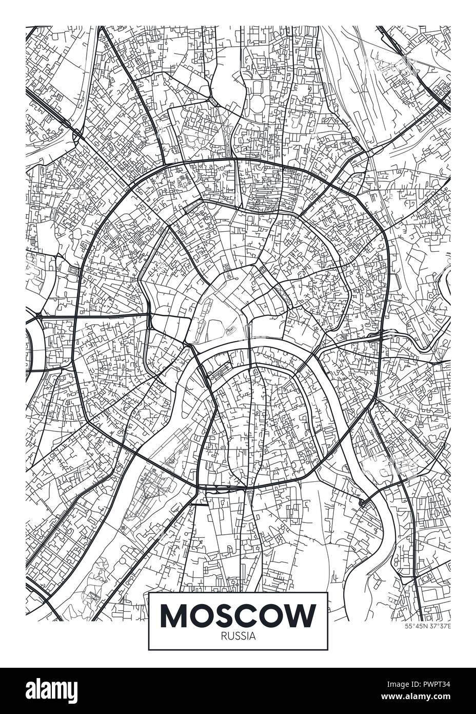 Vektor poster Karte Stadt Moskau detaillierten Plan der Stadt, Flüsse und Straßen Stock Vektor