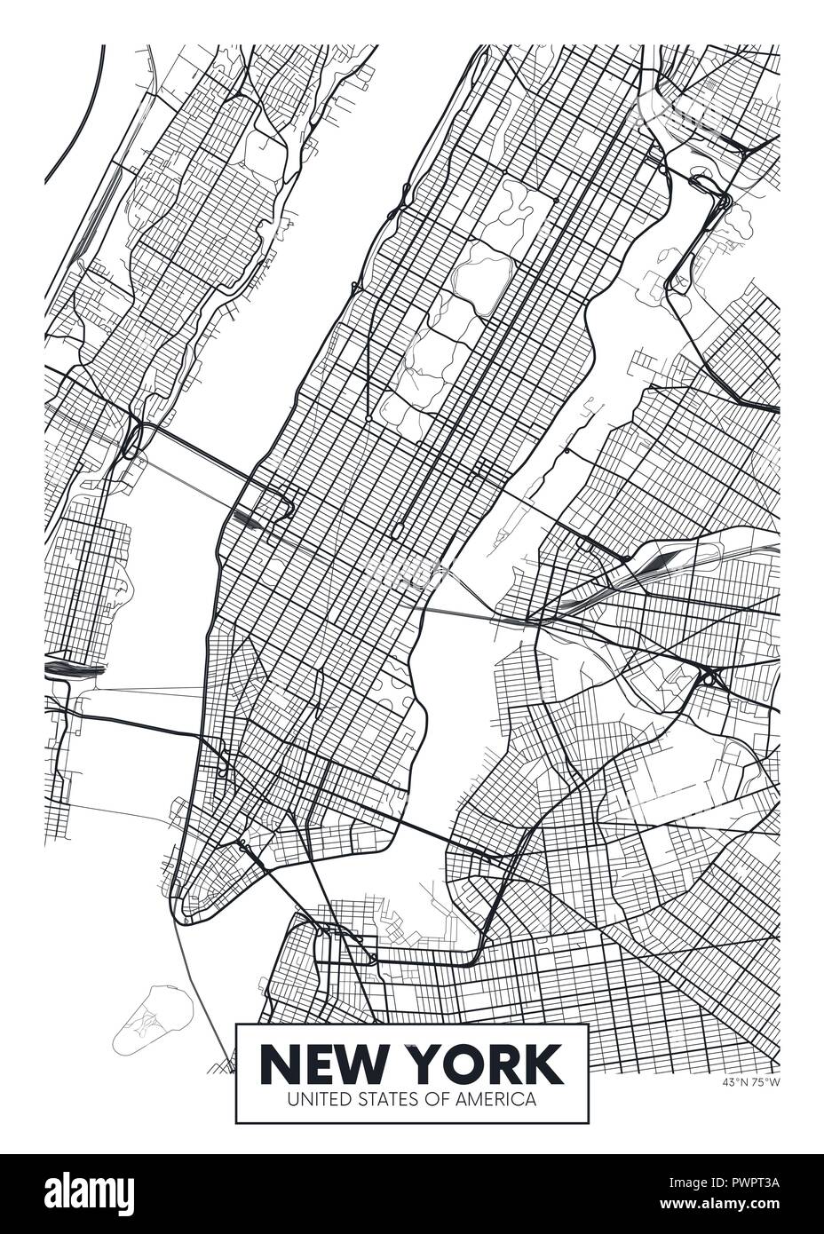 Vektor poster Karte City New York detaillierten Plan der Stadt, Flüsse und Straßen Stock Vektor