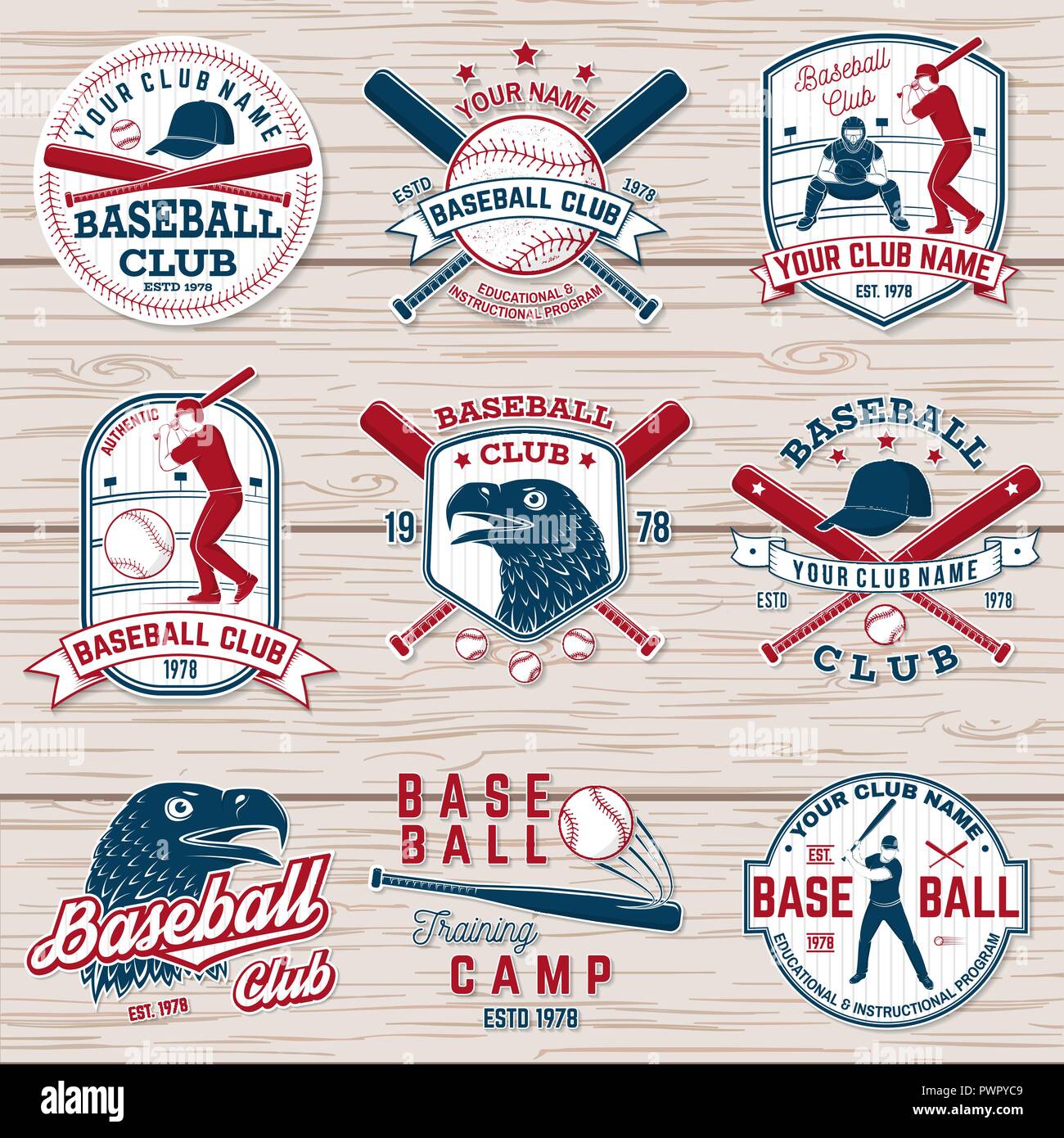 Satz von Baseball oder Softball club Abzeichen. Vektor. Konzept für Hemd oder Logo, Print, Stempel oder T-Stück. Vintage Typografie Design mit Baseballschläger, Teig schlagen Ball und Ball für Baseball Silhouette. Stock Vektor