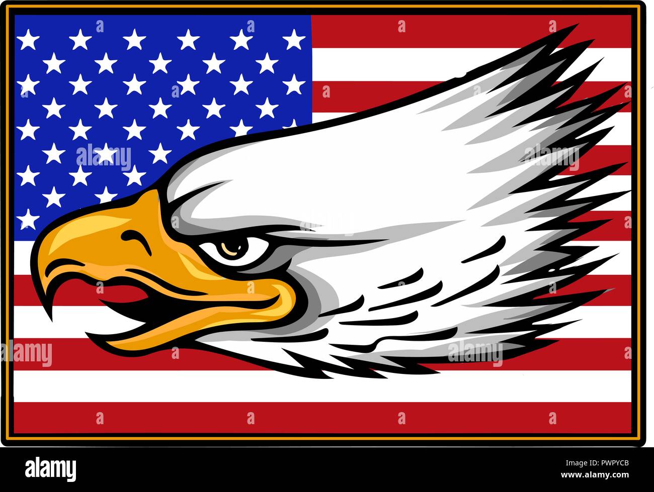 Vektor illustation American Eagle gegen USA-Flagge und weißen Hintergrund. Stock Vektor