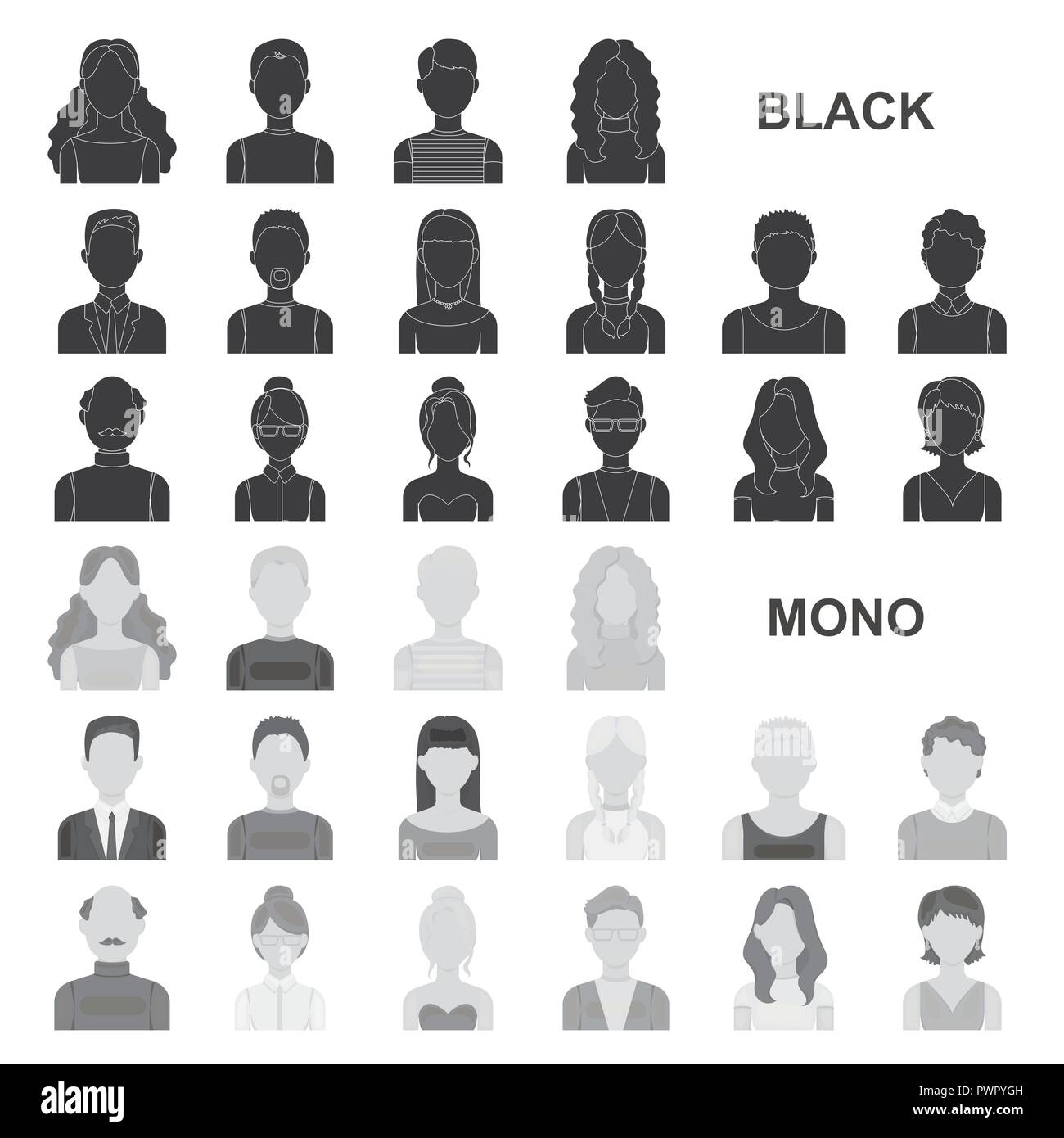 Avatar und schwarze Symbole in der Sammlung für Design. Eine Person aussehen Vektor Symbol lieferbar Abbildung. Stock Vektor