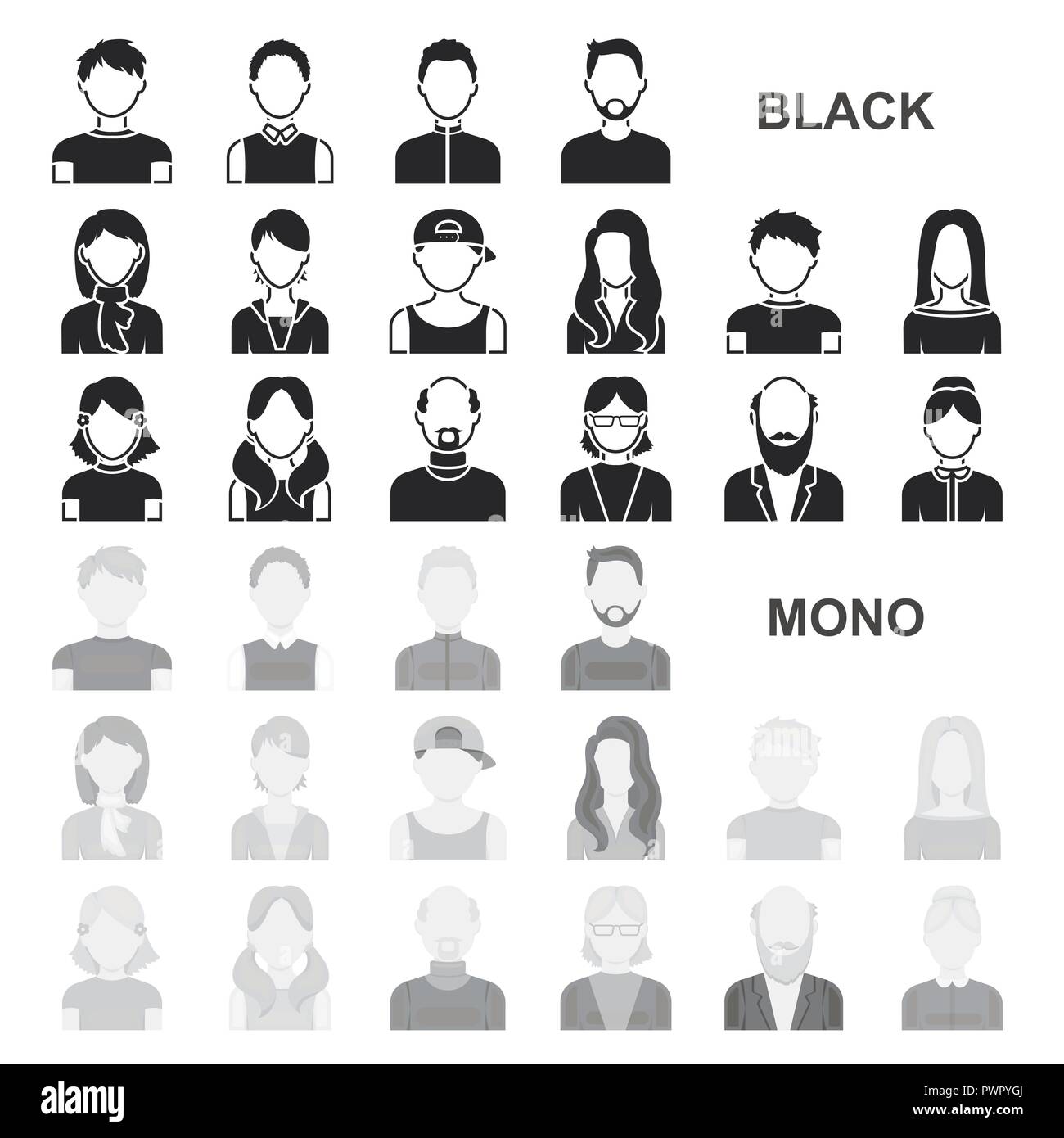 Avatar und schwarze Symbole in der Sammlung für Design. Eine Person aussehen Vektor Symbol lieferbar Abbildung. Stock Vektor