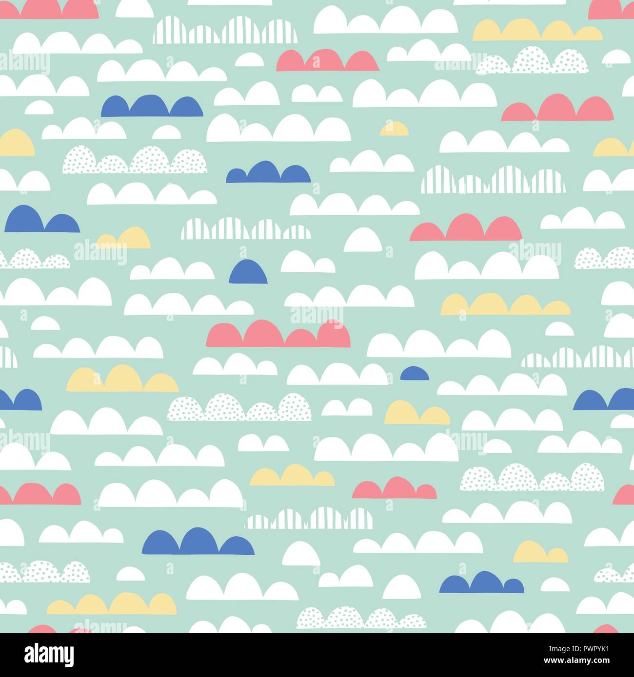 Niedliche Wolken Baumschule Vektor nahtlose Muster. Pink, Gelb, Blau und Weißen Wolken am Mint Hintergrund. Gender Neutral Baby Kinder drucken. Perfekt für fashi Stock Vektor