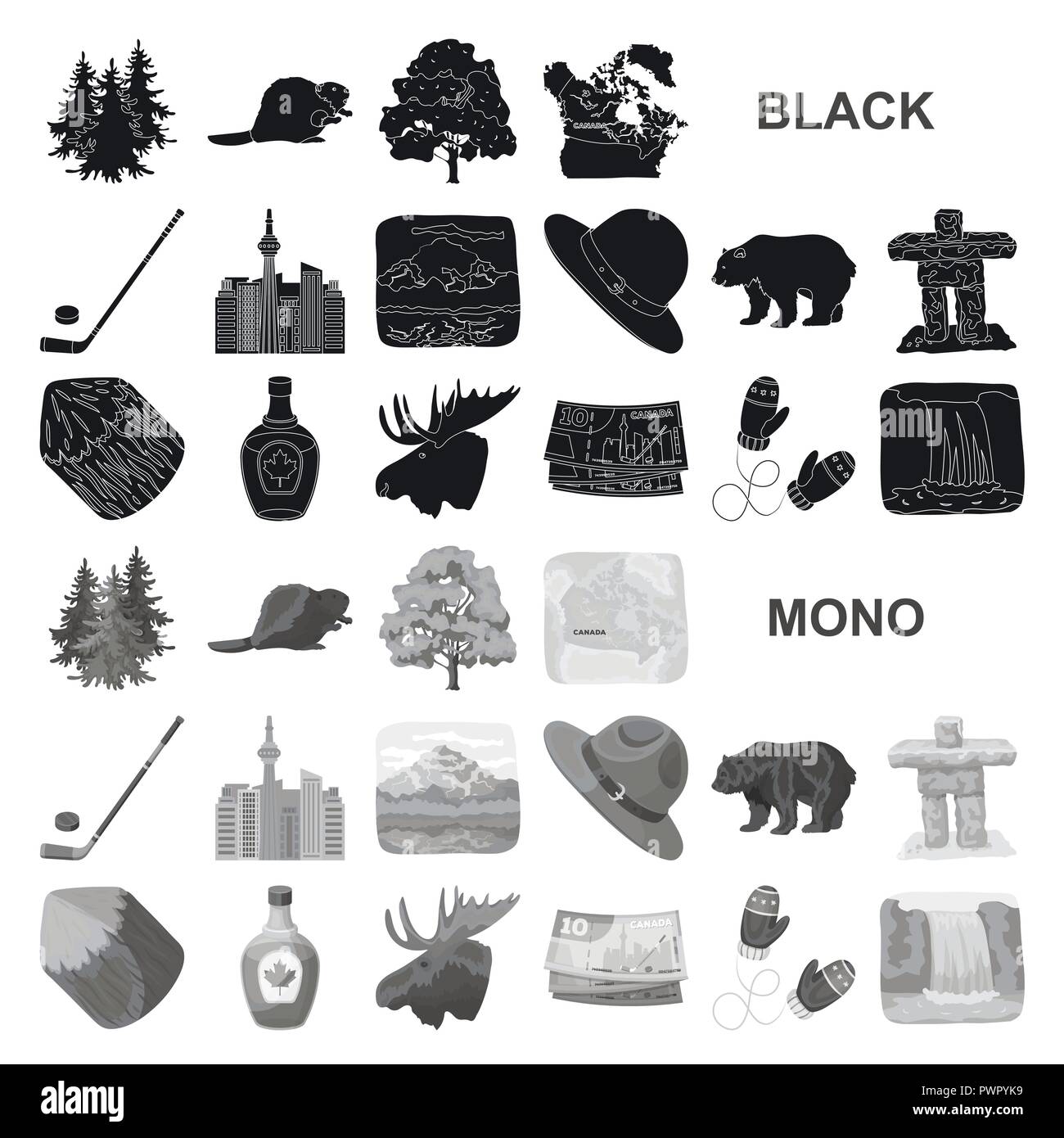 Land Kanada schwarze Symbole in der Sammlung für Design. Kanada und der charakteristische Vektor Symbol lieferbar Abbildung. Stock Vektor